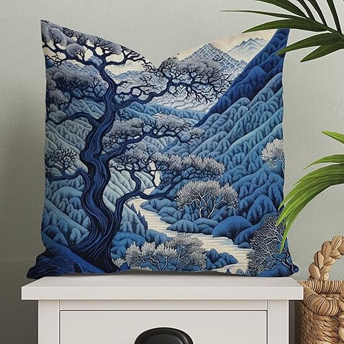 Daintree Tree - Funda de almohada estilo chinoiserie, color blanco, azul, índigo, funda de almohada asiática, 22 x 22 pulgadas, decoración rústica