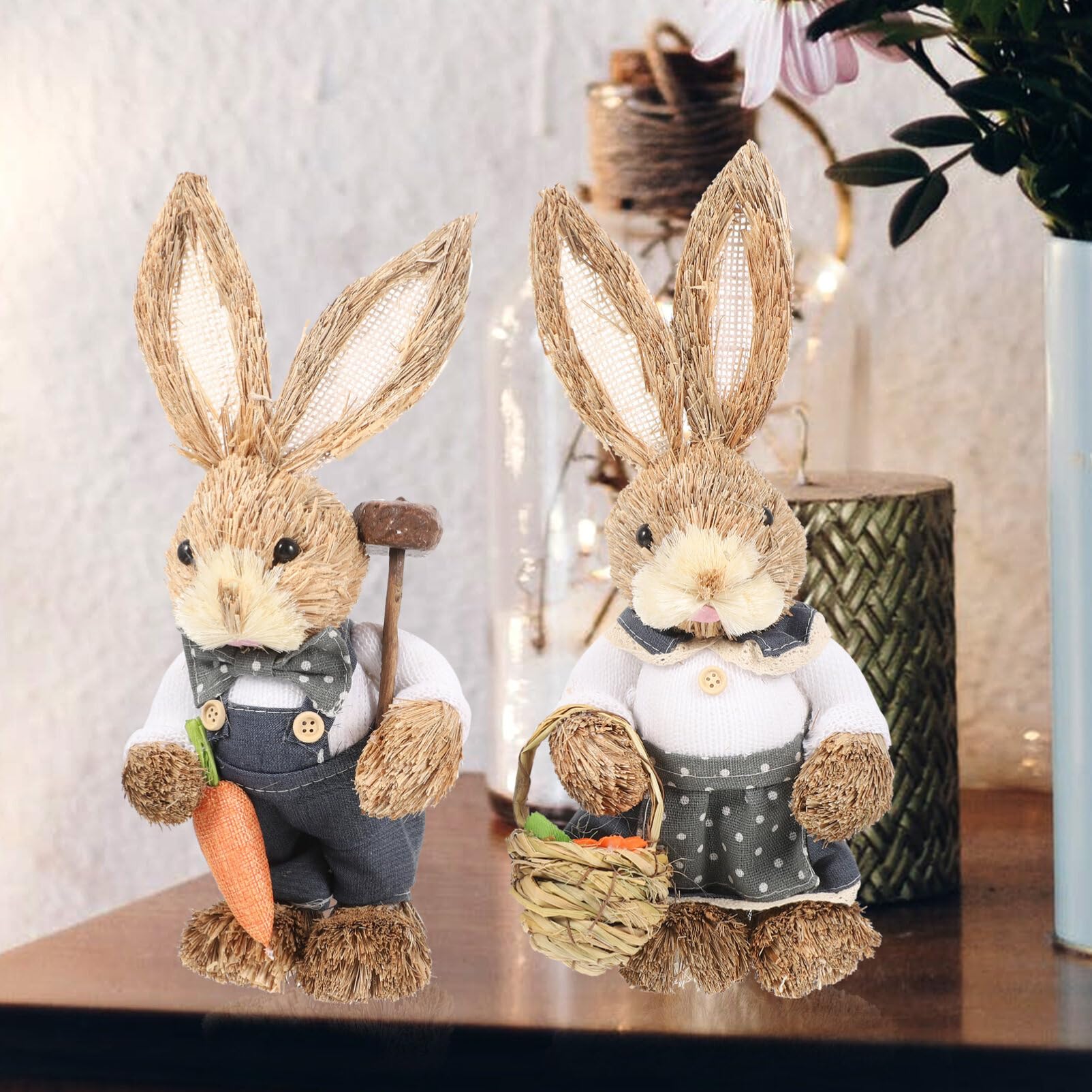 Alipis 2 Handgewebte Hasenfiguren aus Stroh mit Baumwolltuch