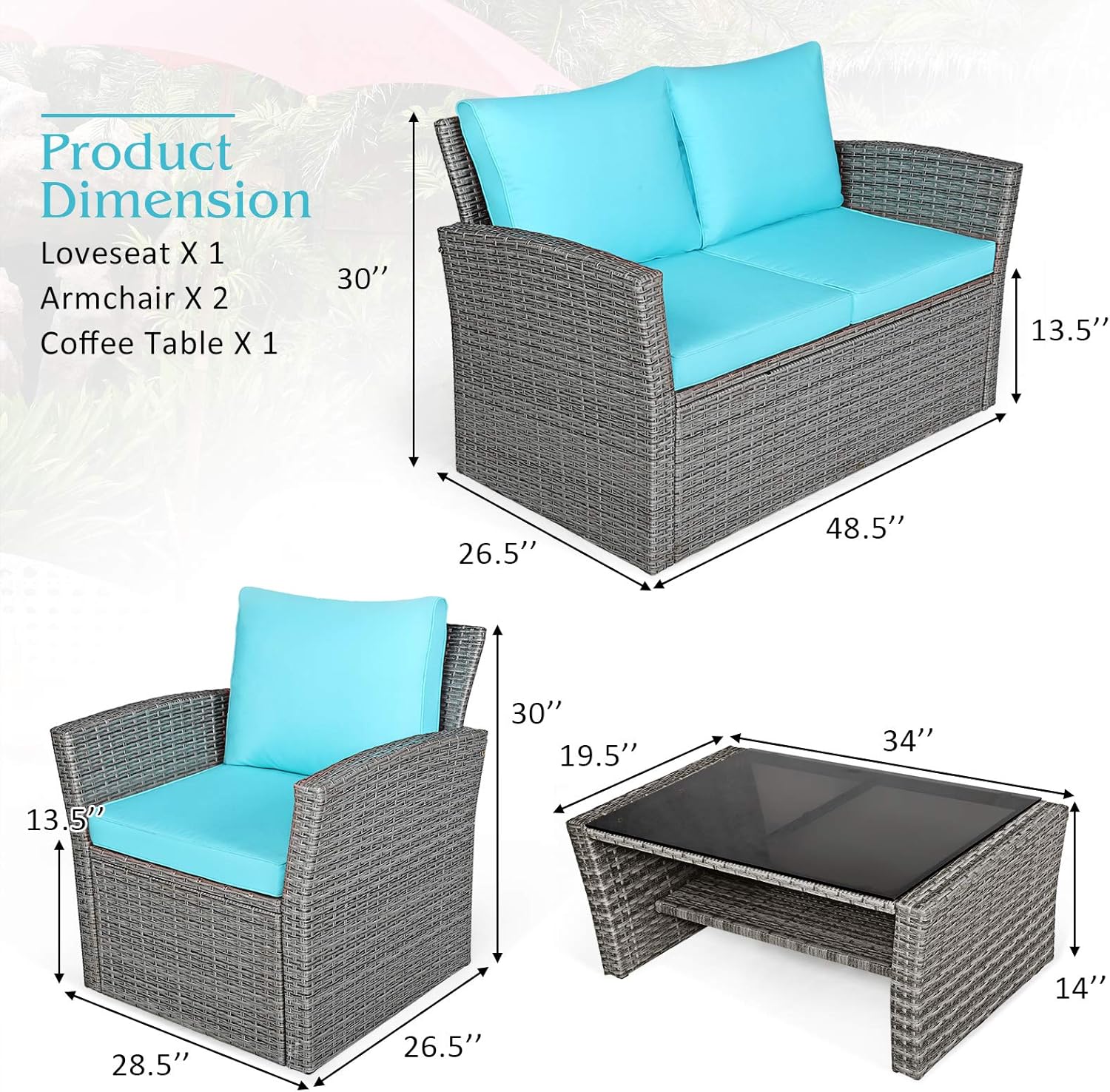 Tangkula 4 Pieces Patio Furniture Set, All Weather Outdoor Sectional Rattan Sofa Set with Cushions & Tempered Glass Table, Wicker Conversation Couch Set for Backyard Garden Poolside (Turquoise)