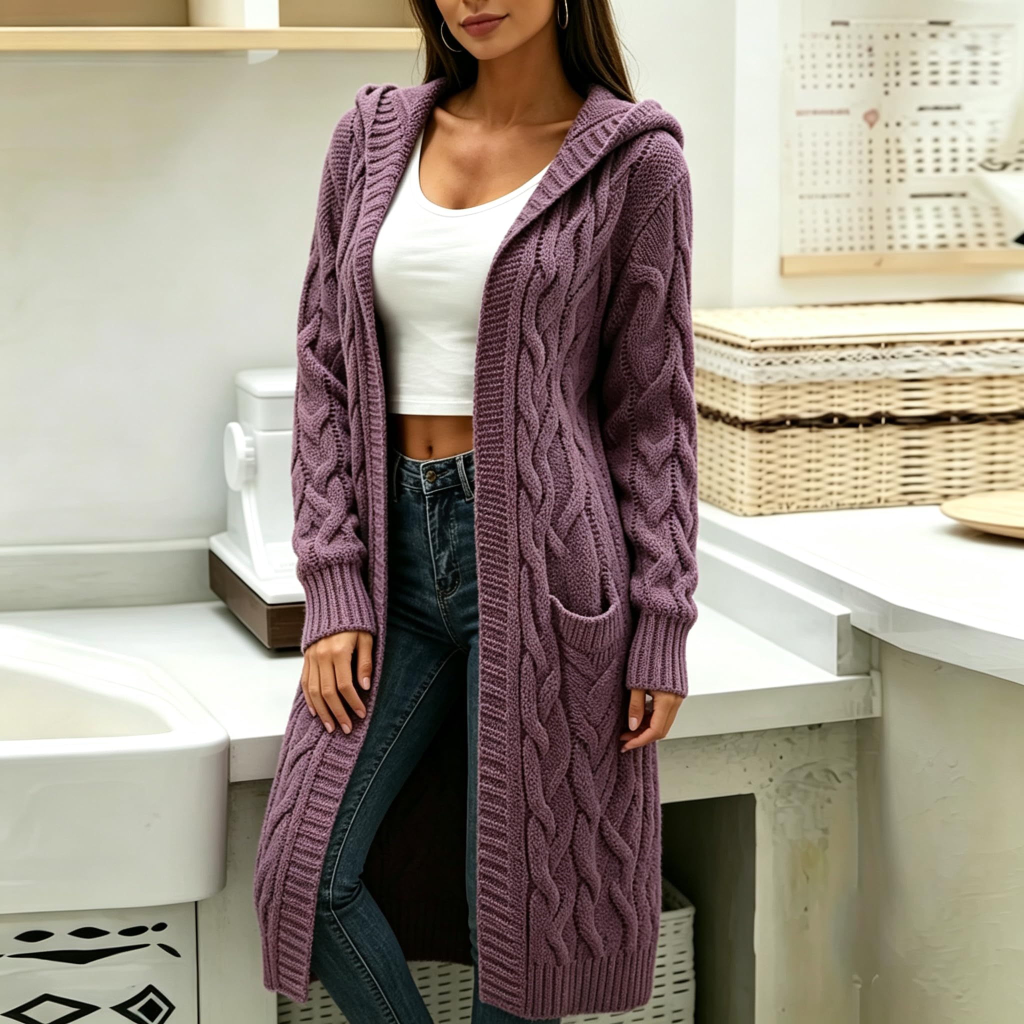 Cardigan Lungo da Donna con Cappuccio E Tasche Maglione A Maniche Lunghe in Maglia Grossa Cappotto Elegante per Autunno/Inverno Giacca di Transizione Capospalla Casual per Tutti I Giorni.