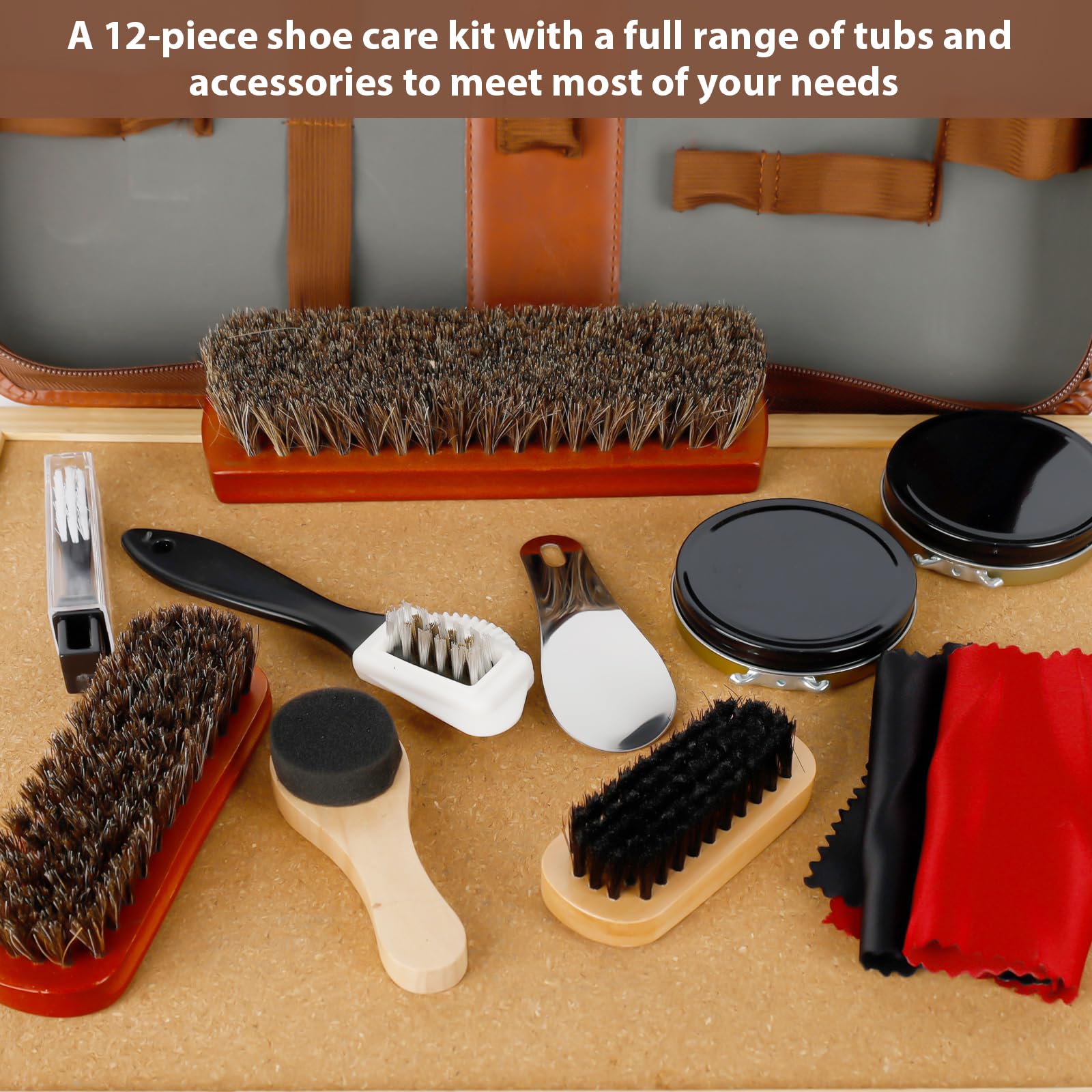 12-teiliges Schuhputzsets, Schuhpflege-Set, Shoe Polish Brushes, Schuhputz-Reise Set mit Bürstenset, Schuhcreme, Holzapplikator, Schuhlöffel