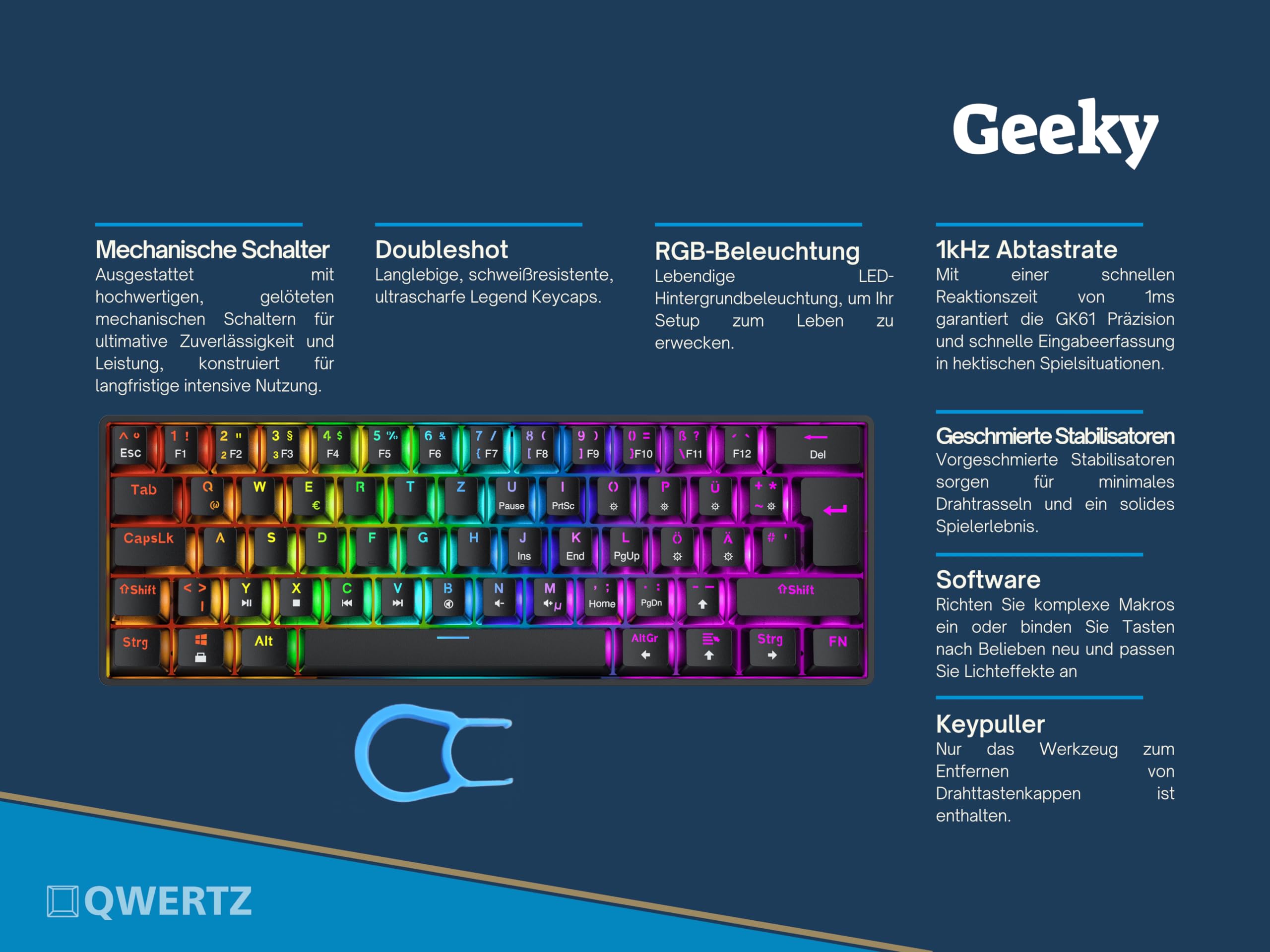 Geeky GK61 SE 60% | Mechanische Gaming-Tastatur | 62 Tasten Multi Color RGB LED Hintergrundbeleuchtung für PC/Mac Gamer| ISO DE Qwertz Deutsches Layout (Schwarz, Mechanical Brown)