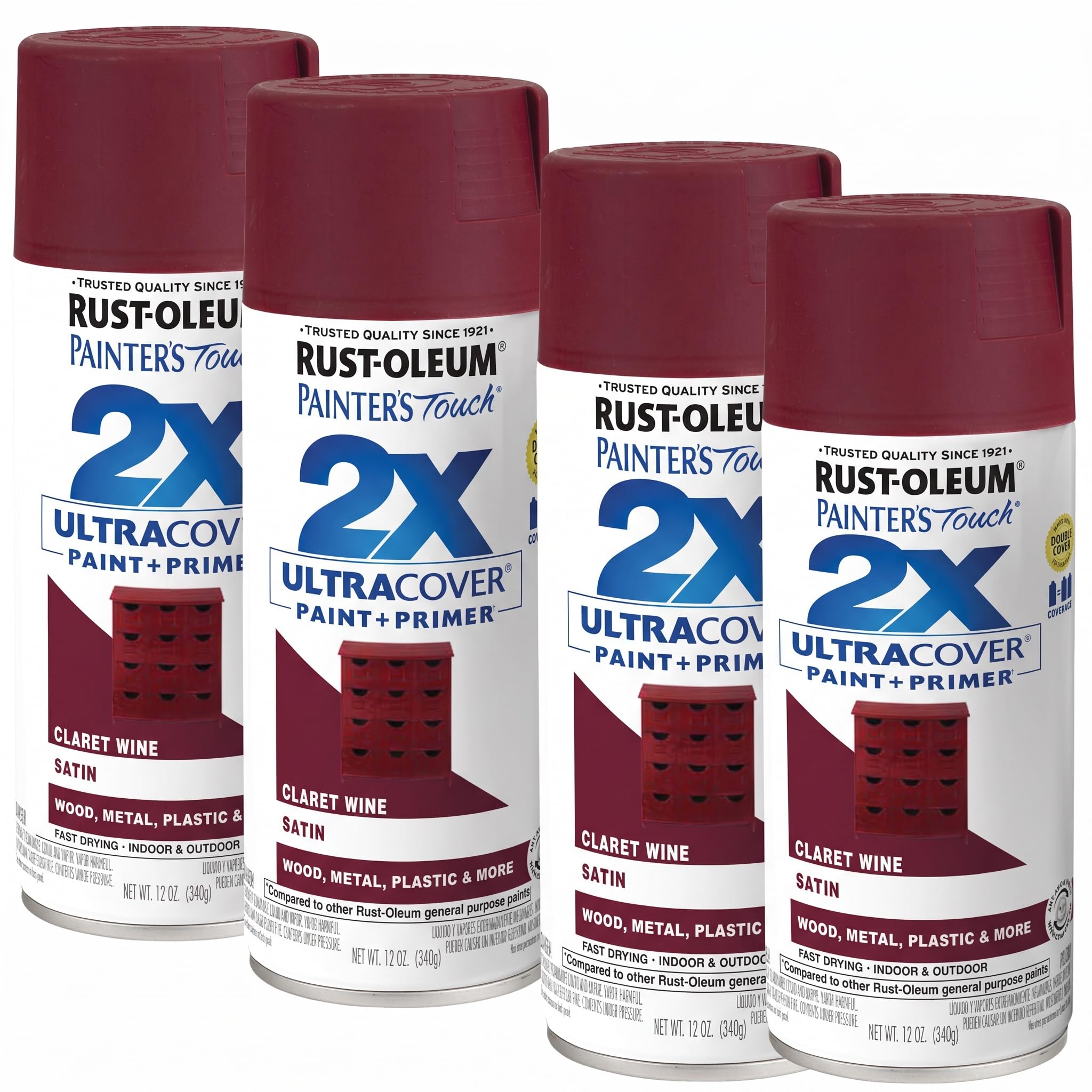 Rust-Oleum 334062 Painter's Touch 2X Ultra Cover Spray Paint, 12 oz, Satin Claret Wine (Pack of 4)