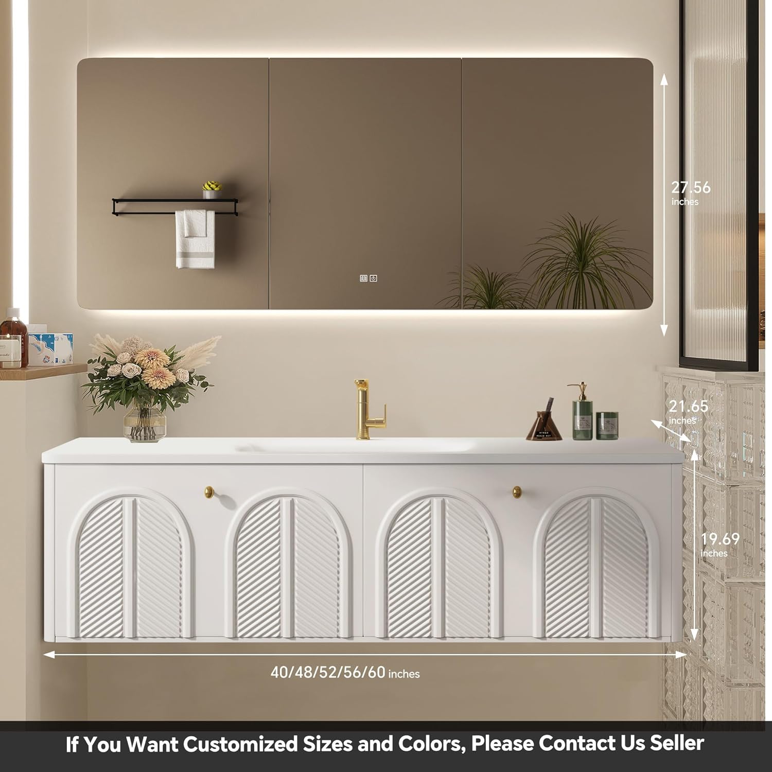 [Clearance] Solid Oak Bathroom Vanity with Single Sink & Smart Mirrored Cabinet, Floating Vanity with Sink, White Bathroom Sink Cabinet with Hand Carving. (48''Single Sink)