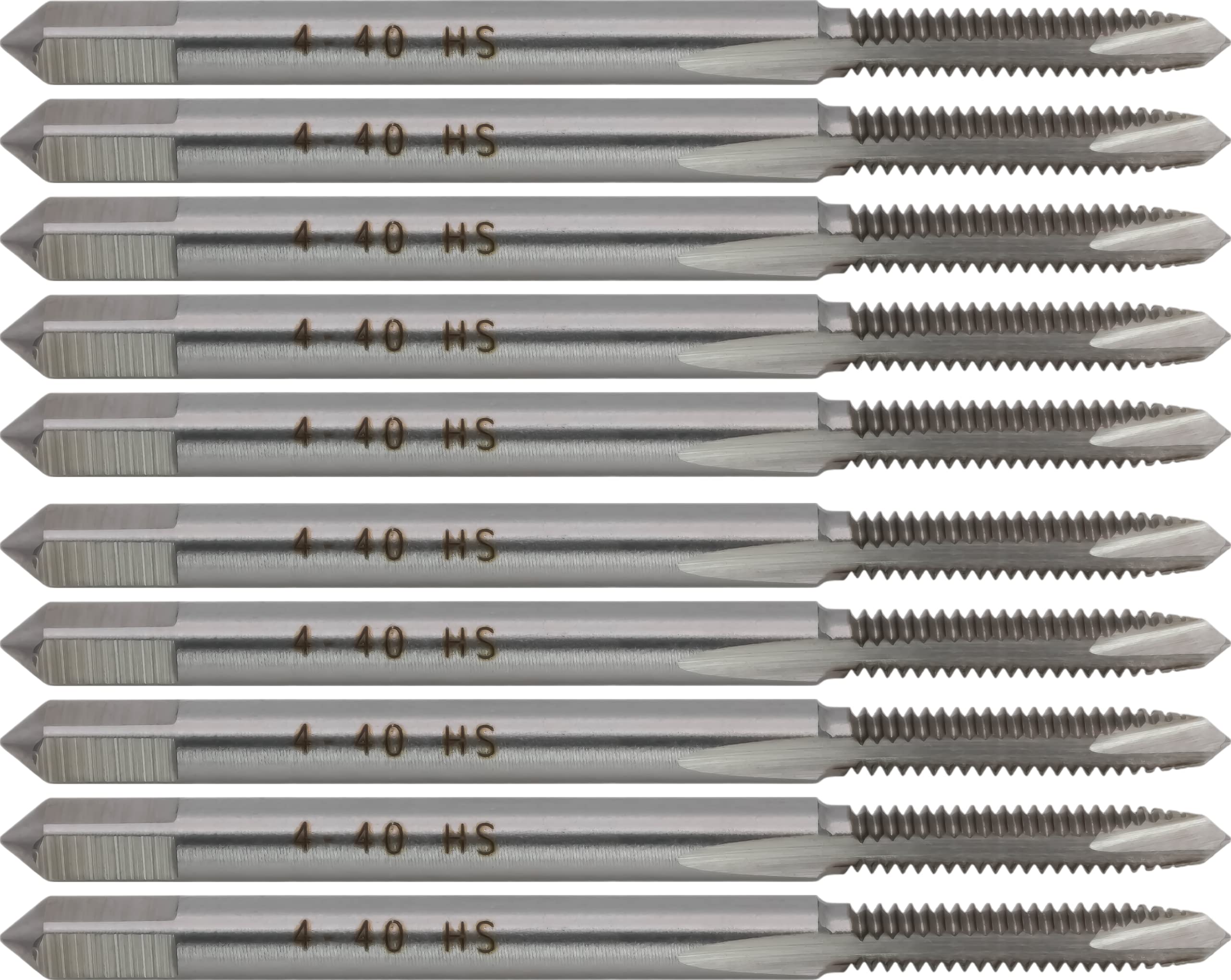 10 pcs M2 High-Speed Steel Spiral Point Taps, 4-40 UNC, Plug Chamfer, H2, 2 Flute, Bright (Uncoated) Finish