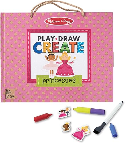 Melissa & Doug Natural Play Juega, dibuja, crea un kit reutilizable de dibujo e imán, princesas (54 imanes, 5 marcadores de borrado en seco)