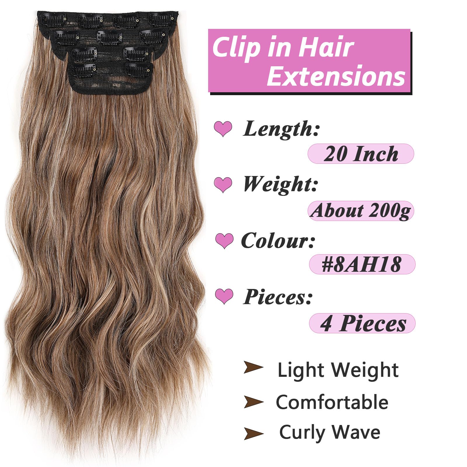 Samtress Clip in Hair Extensions for Women 20 Inch 4 PCS Long Wavy Clip in Hair Extension Synthetic Fiber Thick Hairpieces Brown Mixed Blonde (#8AH18) - Image 2