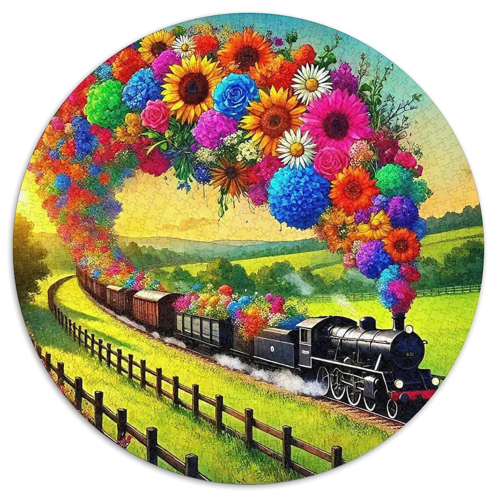 Puzzle de 1000 piezas redondo con diseño de tren de vapor, ideal para decorar tu salón 7