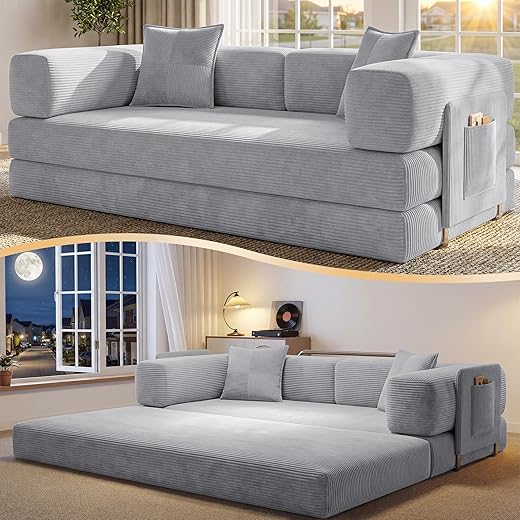78.8" Convertible Futon Sofa Bed,Corduroy Futon Couch with Storage Pocket,Folding Pull Out Sofa,No Assembly Boneless Couch for Living Room,Grey