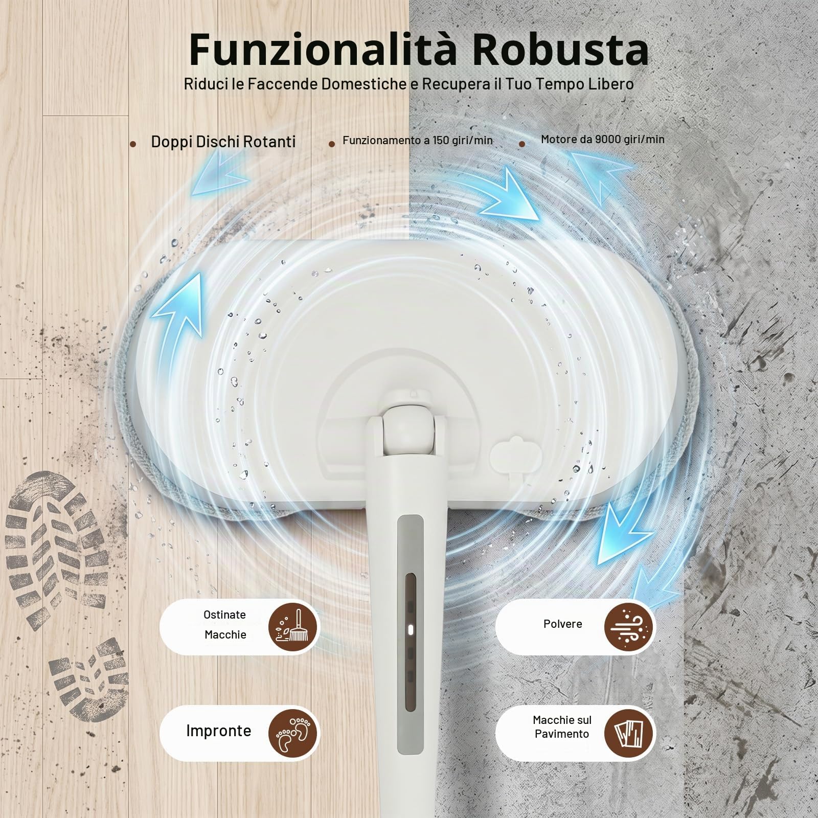 Mocio senza fili Aohuada Lucidatrice elettrica Mop Mocio Pulitore per pavimenti Mop rotante Con funzione di spruzzo e LED Mocio per pulire, strofinare, lucidare Pavimenti in legno duro Piastrelle