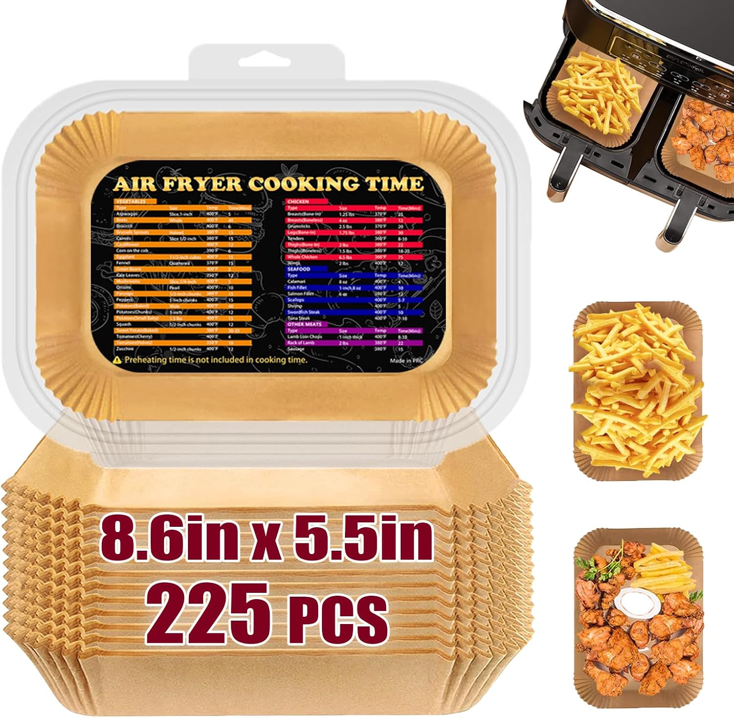 225PCS Air Fryer Disposable Paper Liners for Ninja DZ201/DZ401/DZ550/SL401 Dual Airfryer, Bella 4Qt Slim Air Fryer and CHEFMAN 6 Quart Dual Basket Air Fryer, 8.6x5.5 inch Parchment Paper Liners