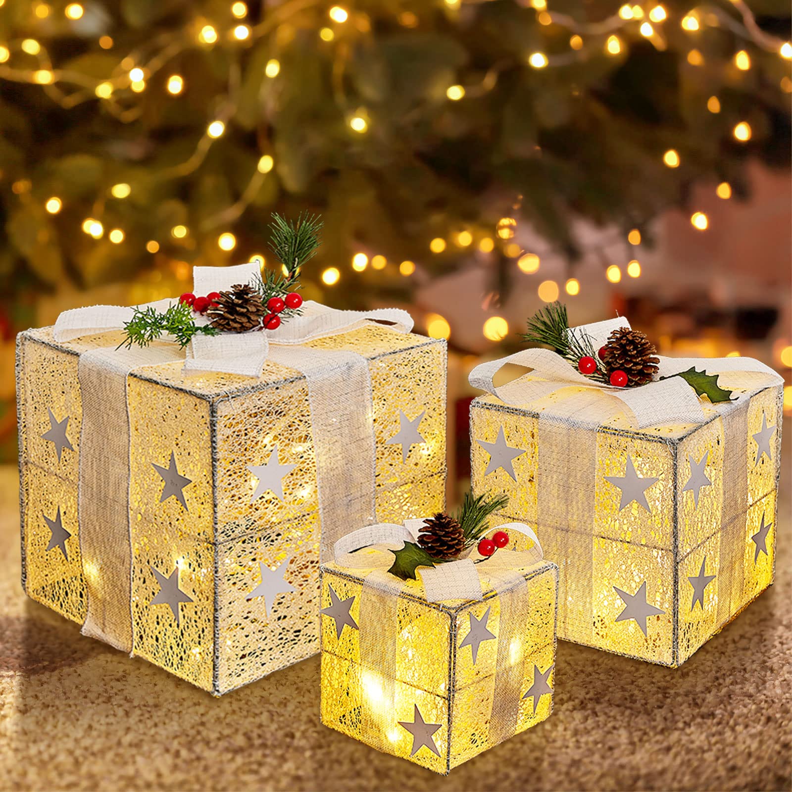 Photo 1 of 3 Pcs Christmas Lighted Gift Boxes 50 LED 10" 8" 6" Christmas Box Decorations Present Ornament Boxes with Ribbon Bows Christmas Tree Decorations for Indoor Outdoor Xmas Tree Yard Home Decor, White