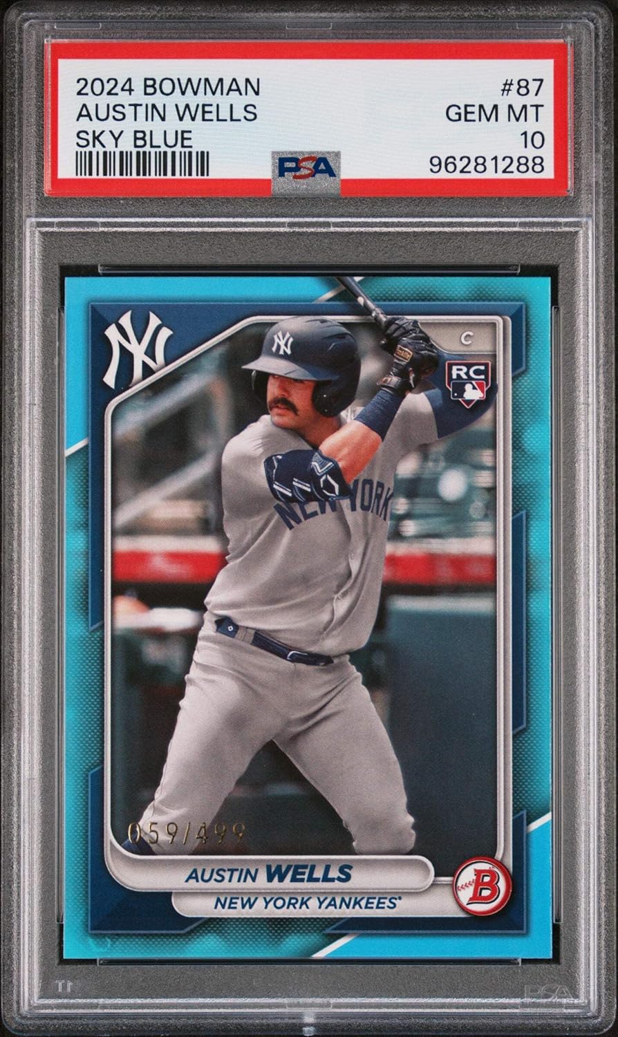 Graded 2024 Topps Bowman Austin Wells #87 Sky Blue /499 Rookie RC Baseball Card PSA 10 Gem Mint