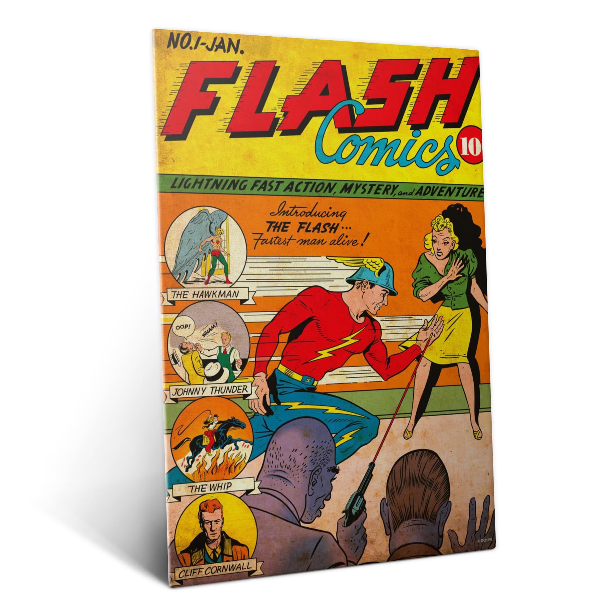Displate Metall poster DC Comics Flash Comics 1 by Sheldon Moldoff Größe M | Bild Plakate für Schlafzimmer Dekor, Geschenke. Magnetische Befestigung Wandposter, Wanddeko. Metall Wandkunst.