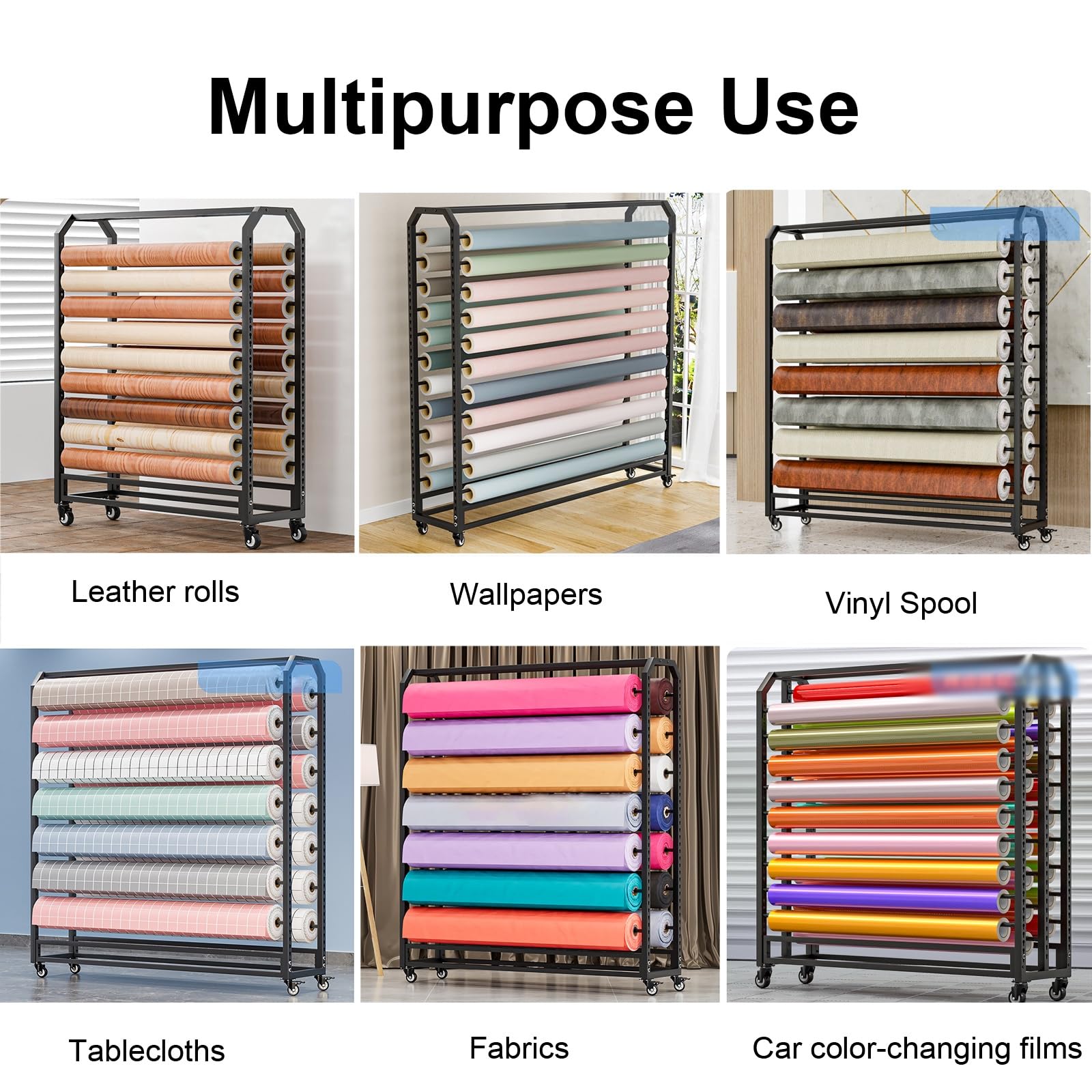 WDJBPSH Commercial Fabric Display Rack, Large Hanging Shelf for Vinyl Spool/Car Color Change Film/Tablecloth/Wrapper, with Adjustable Rod & Brakeable Wheels(175cm Wide,20 Rod)