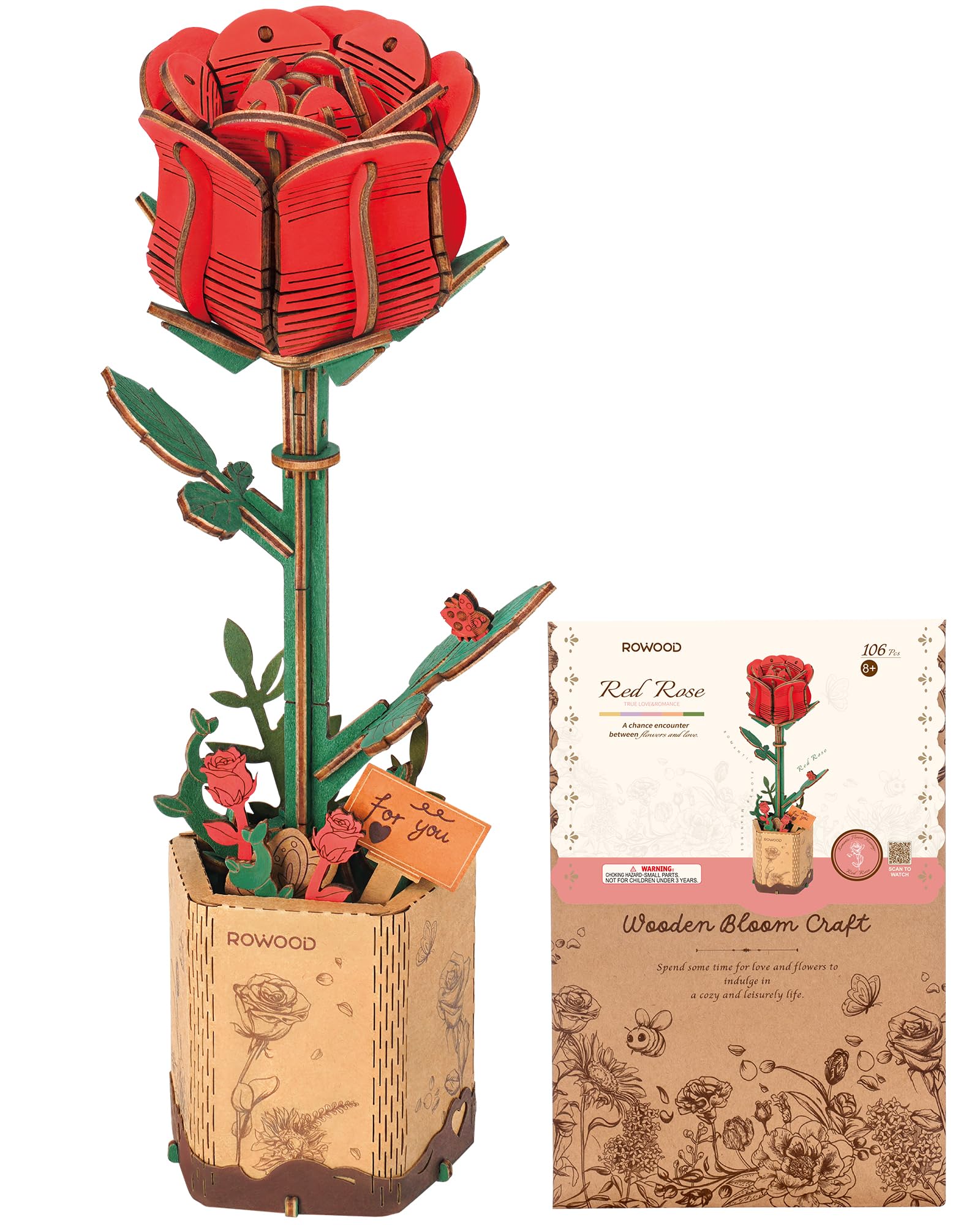 ROWOOD Puzzle 3D Fai da te Fiore in Legno Kit Modellino di Fiori Artificiali Da Montare Per Adulti (Red Rose)