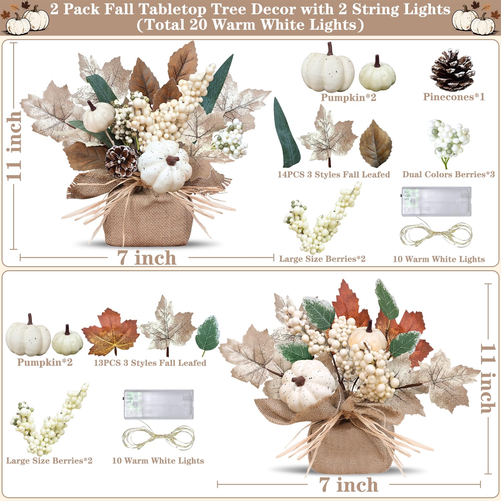 2 Styles & Timer Fall Decor - 2 Pack 11 Inch Tabletop Maple Tree Fall Decorations for Home, Lighted Fall Tree with 20 LEDs Battery Powered Leafed Pumpkin Cones Berry Halloween Thanksgiving Decorations