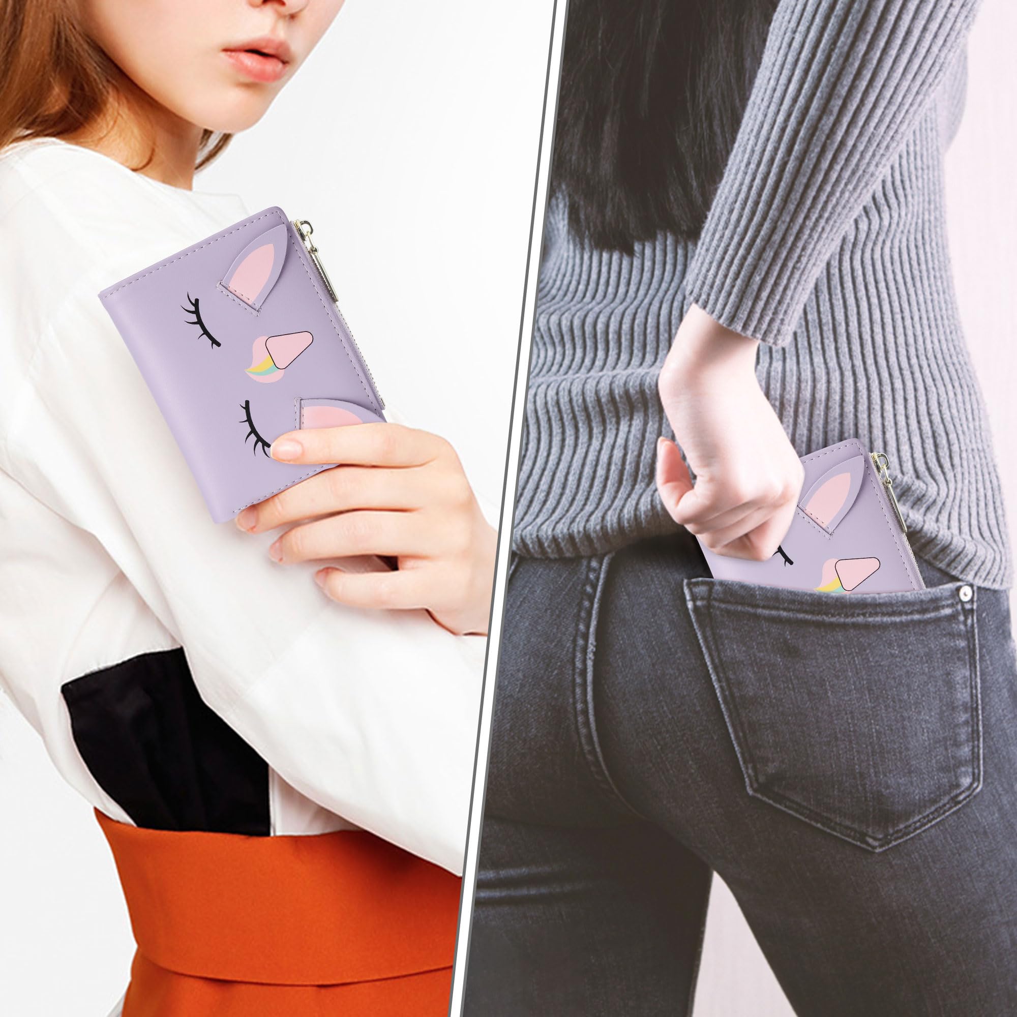 conisy Portafoglio Donna Piccolo, Bifold Carina Portafoglio in formato corto con Bloccaggio RFID e Cerniera Portamonete per Donna e Ragazza (Unicorno Viola)