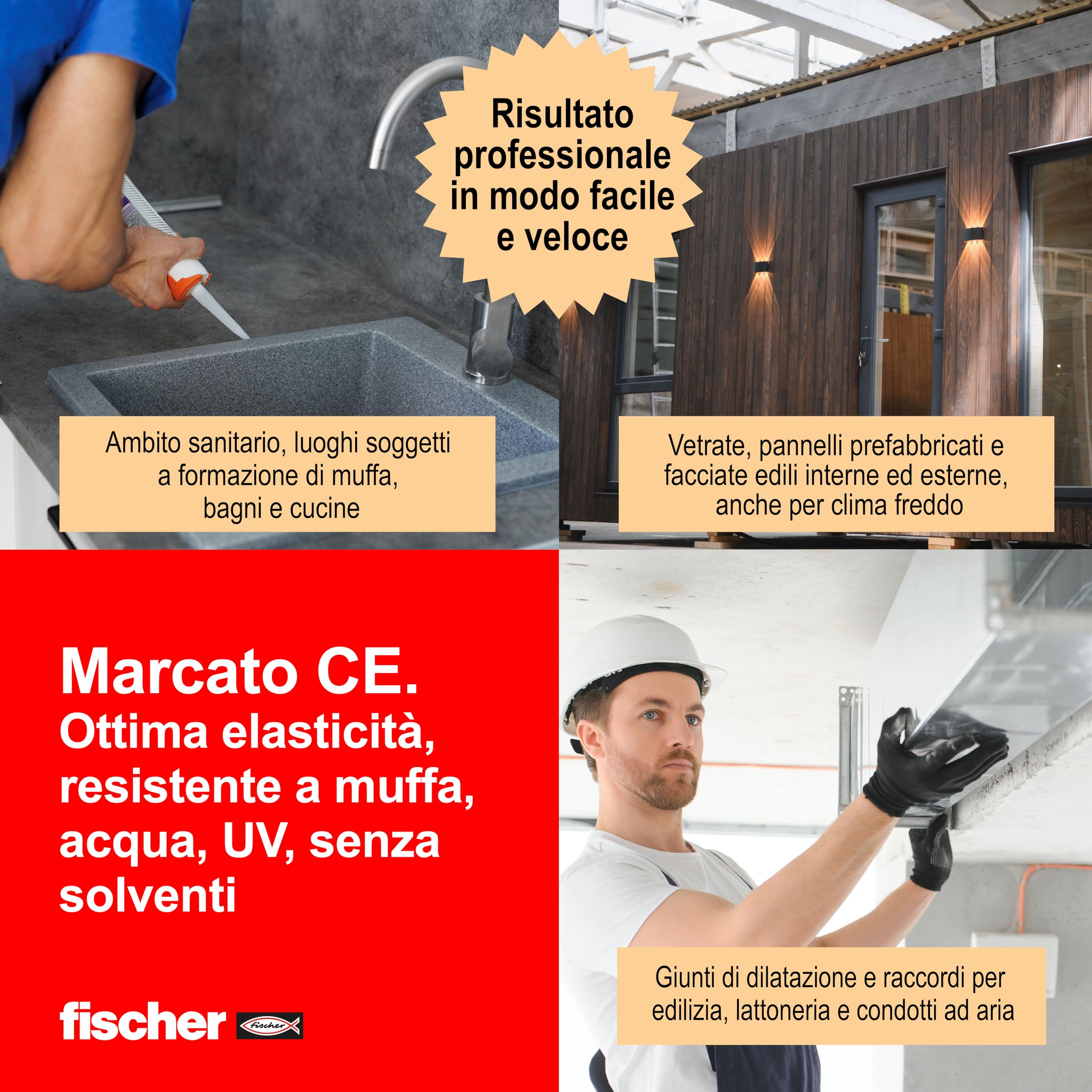 Fischer SBM 310 Testa di Moro, Silicone Sigillante Basso Modulo Neutro per Edilizia, Elastico, Inodore, Senza Solventi, Interni/Esterni, Lattoneria, Facciate, Vetrate