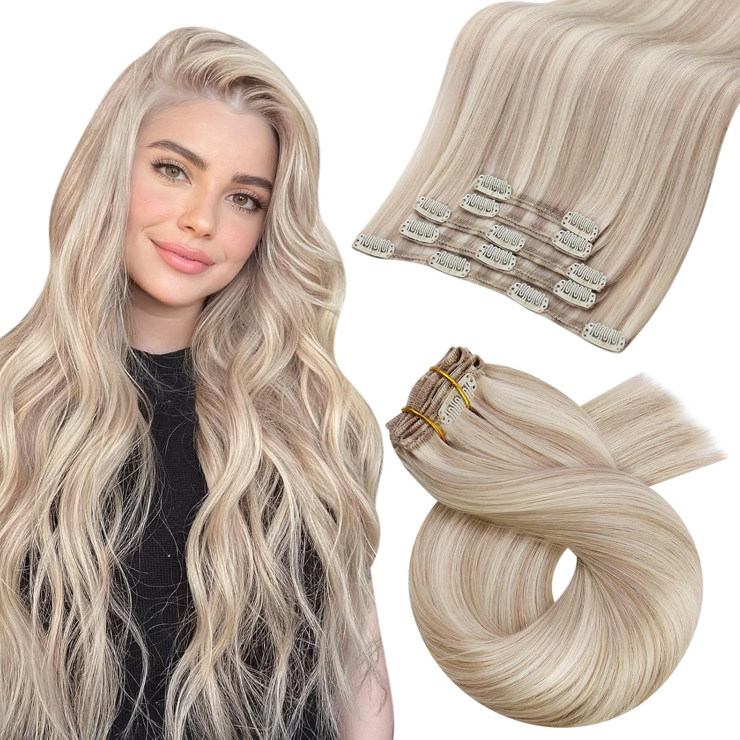 Moresoo Echthaar Extensions Clip Aschblond mit Platinblond Strähnchen Clip in Extensions Echthaar 40 cm 5 Stück 80g Glattes Haar #18/613 - 2