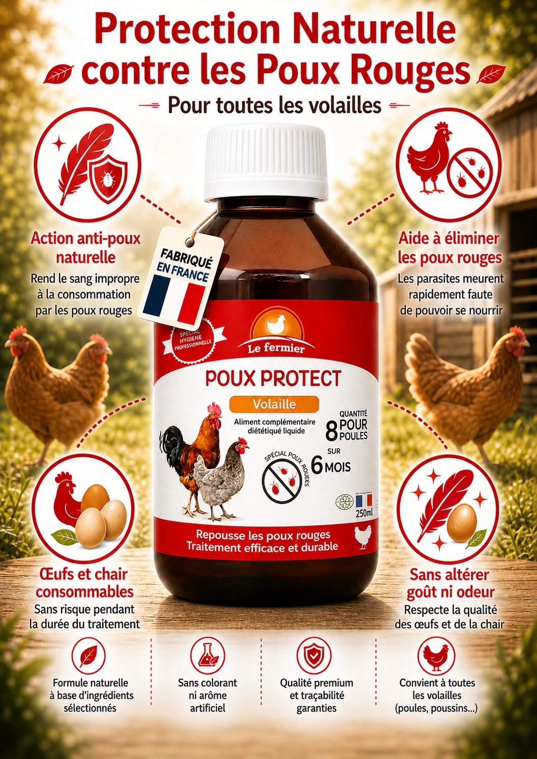 Poux Protect 250 ML – Anti Poux Rouges Poules Naturel – Complément Liquide Volailles – Éloigne Parasites Internes – sans Danger Œufs & Consommation – Poules, Canards, Oies