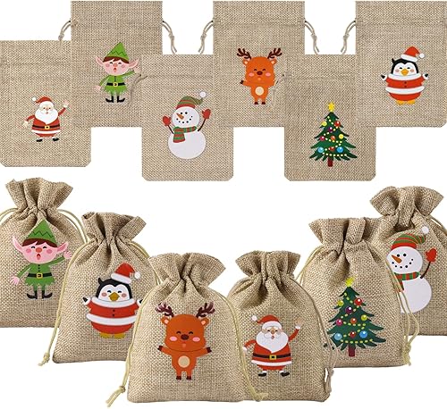 GlyinnHe 36 bolsas de regalo de arpillera de Navidad con cordón, bolsas de regalo de lino de Navidad con cordón, bolsas de regalo para envoltura de