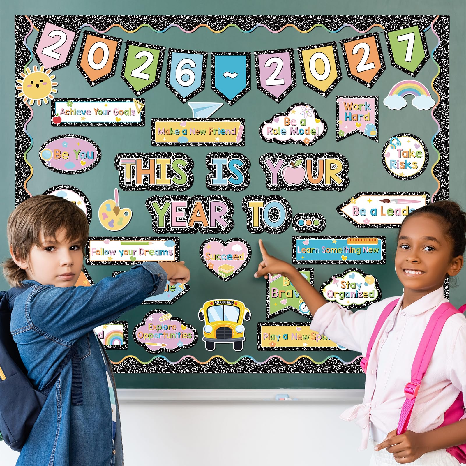 Juego de 72 tableros de anuncios para el regreso a clases 2026-2027, este es tu año para decorar con cuaderno de composición, recortes motivadores para la escuela, oficina, aula, pizarra, decoración