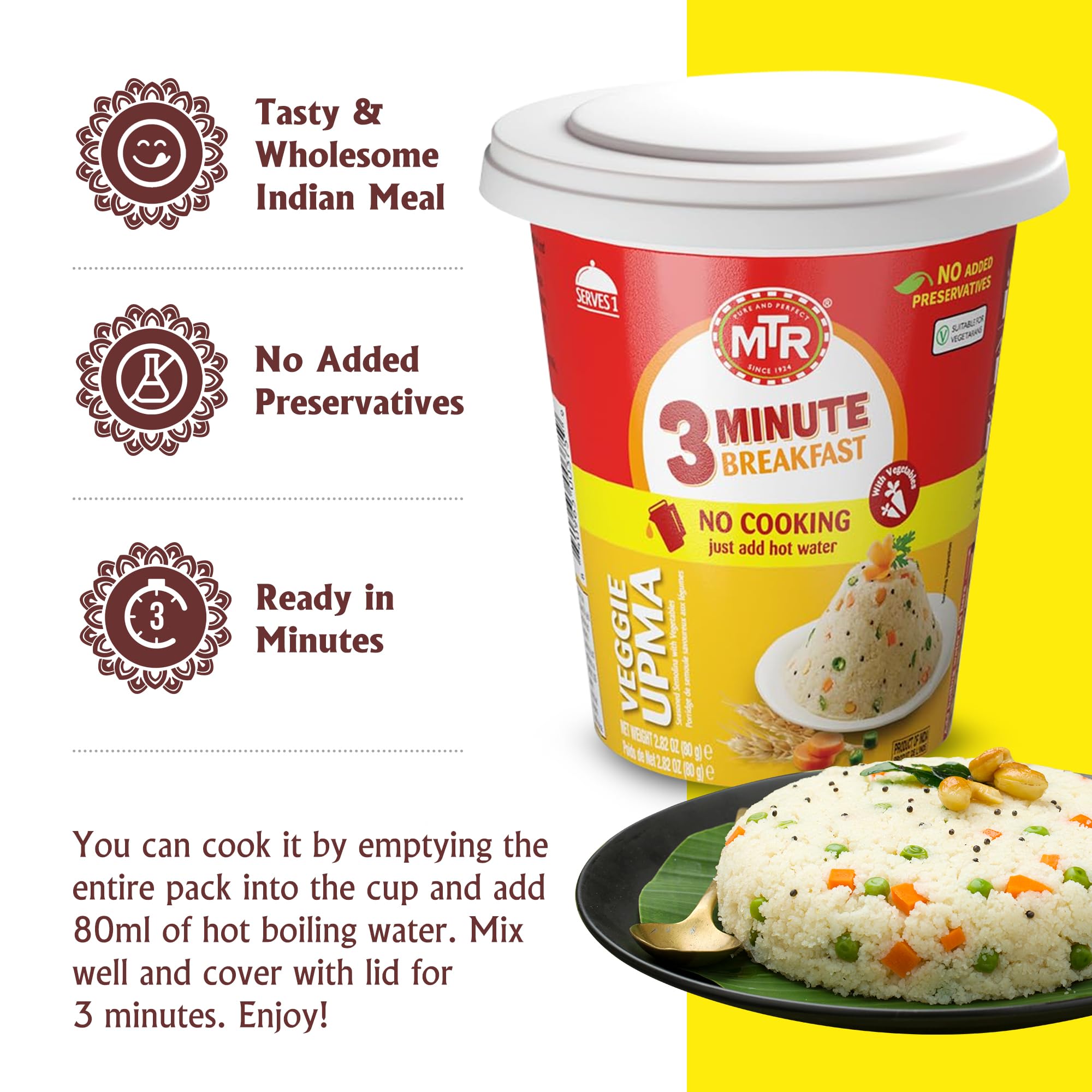 MTR 3minute Veggie Poha - Ready-to-Cook Mix - Authentic Indian Food in Just 3 Minutes - 100% Vegetarian - No Added Preservatives - Just Add Hot Water - Quick & Easy ((Veggie Upma Cup - 80g, Pack of 6)