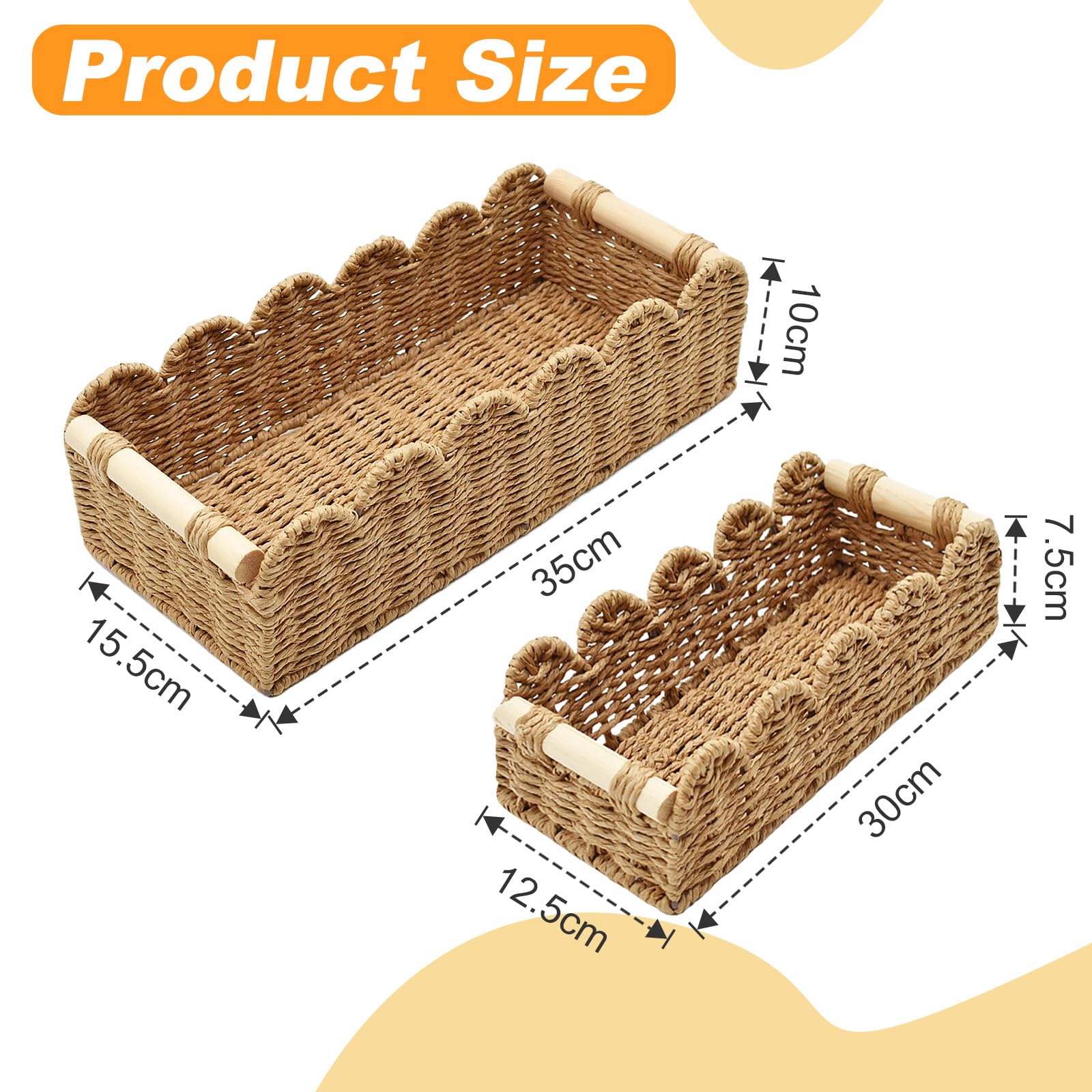 2 Pezzi Cestini Portaoggetti Cesto Vimini, Cestino Porta Carta Igienica Intrecciata con Manici in Legno, Scatola Contenitore Organizer Decorazioni per Cucina Bagno Ufficio Scaffale
