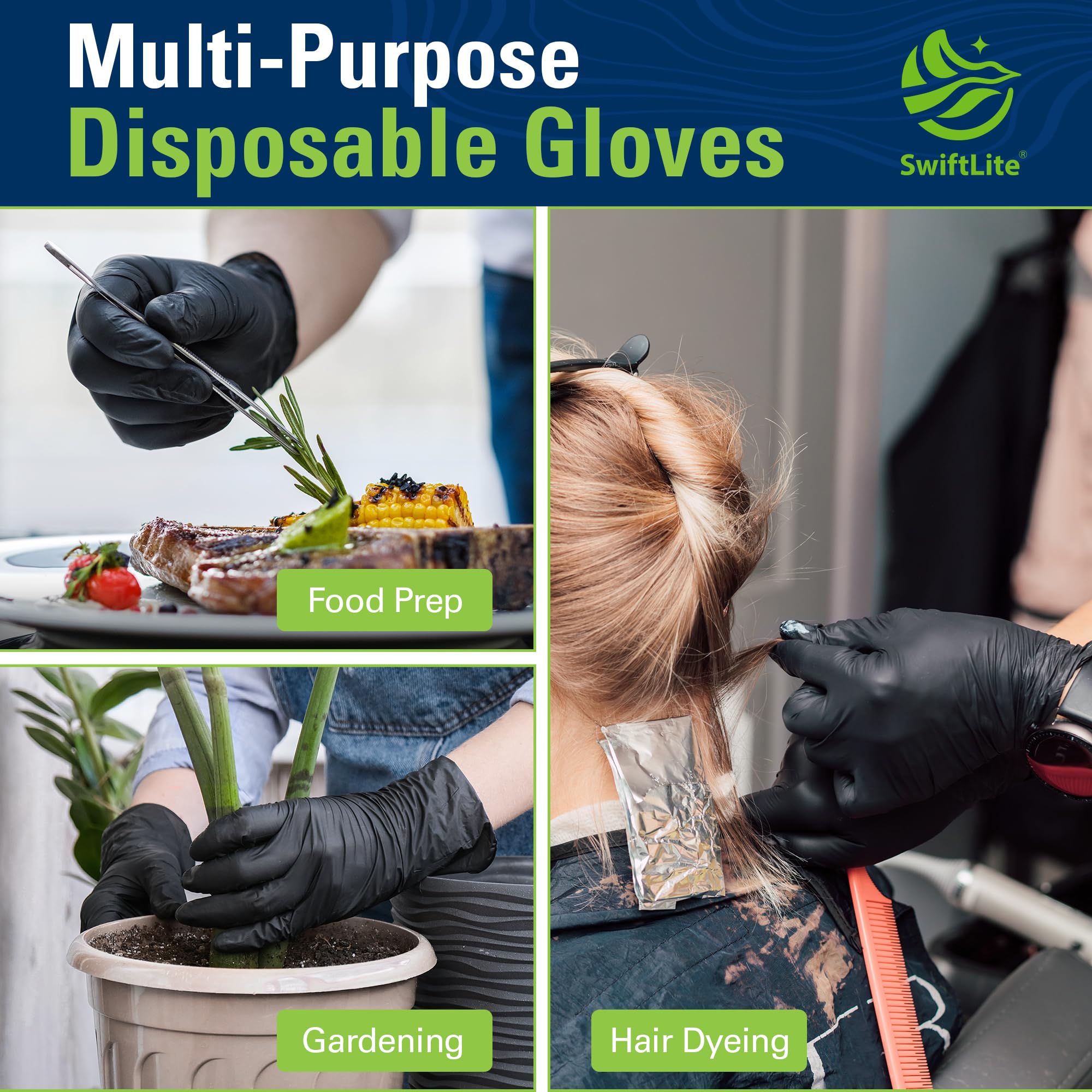 SWIFTLITE Guantes desechables de nitrilo, seguros para alimentos, sin látex, sin polvo, guantes de plástico negro para cocinar, limpiar la casa, preparación de alimentos (100, pequeños)