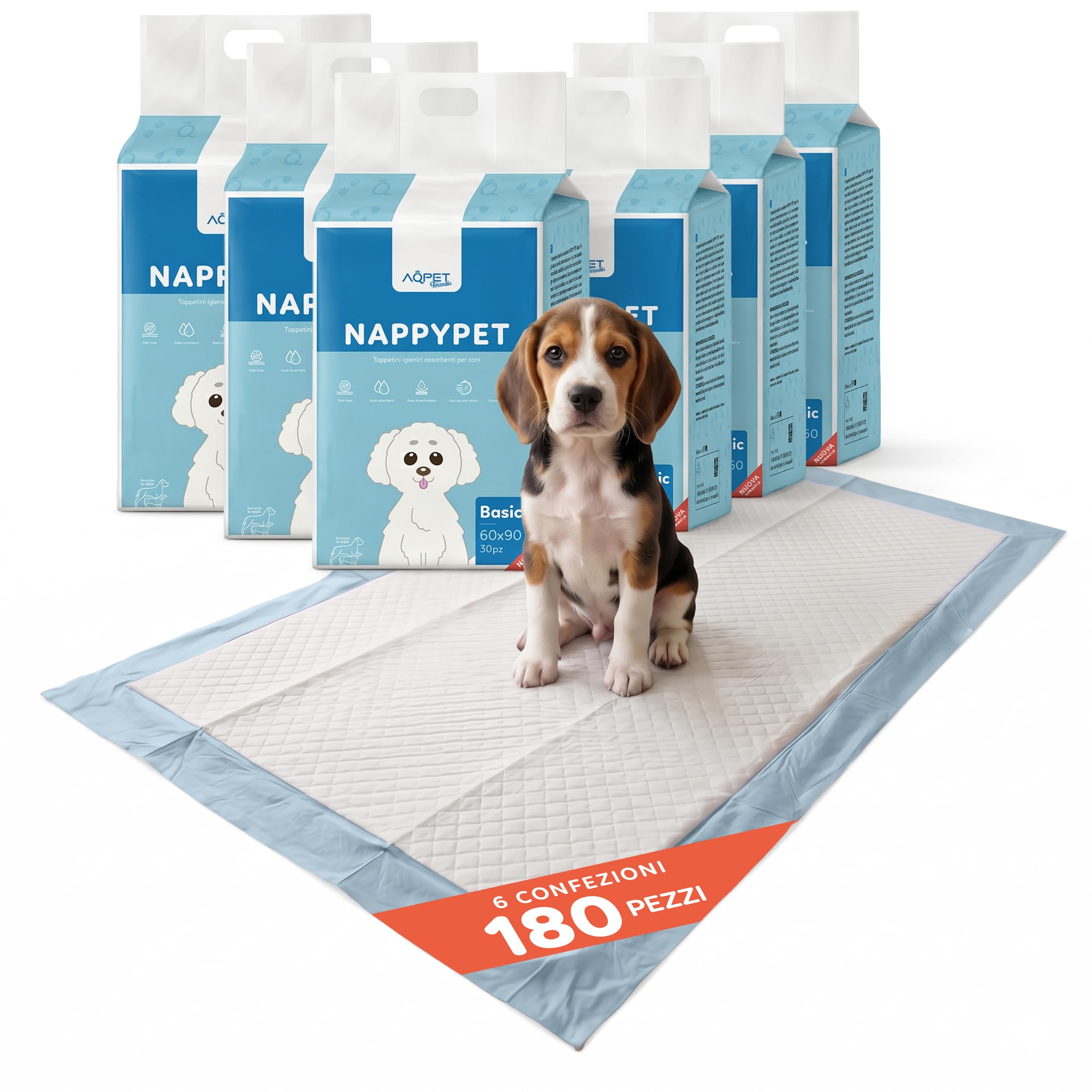 Tappetini Assorbenti per Cani e Cuccioli 60x90 cm Ultra Assorbenti, Igienici e Impermeabili con Design a 5 Strati e Strisce Adesive Ideali per Addestramento, Confezione da 180 Pezzi