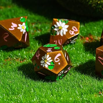 Cusdie 7-Die Lotus Metal DND Dice Set, D&D Metal Dice, Polyhedral Dice Set, for Role Playing Game Pathfinder(Ancient Gold w/Pink Numbers)