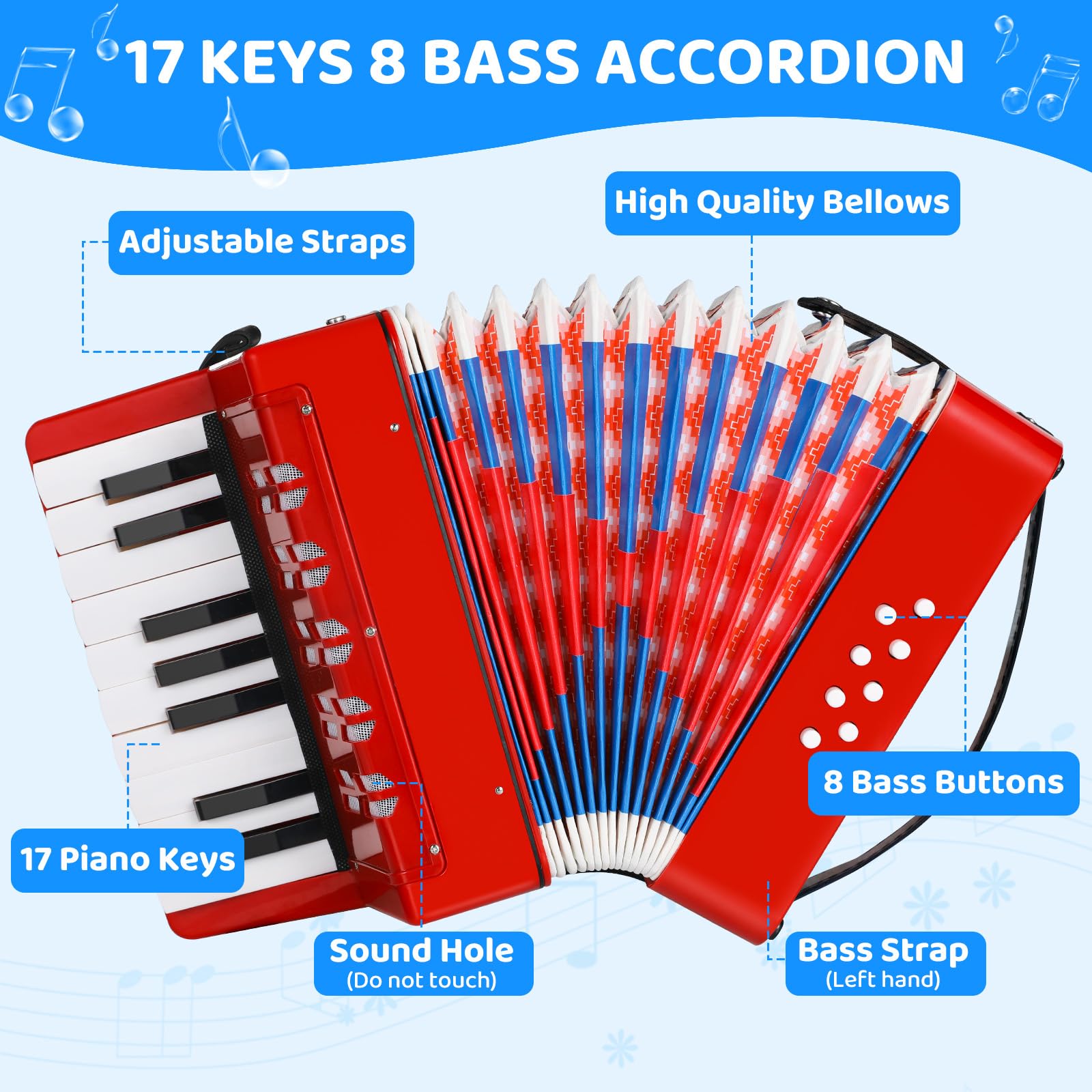 Akkordeon für Kinder, 17 Tasten 8 Bass Klavier mit verstellbaren Riemen, Knopfakkordeon für Erwachsene und Kinder ab 3 Jahren, Concertina Musikinstrument für Anfänger (rot)
