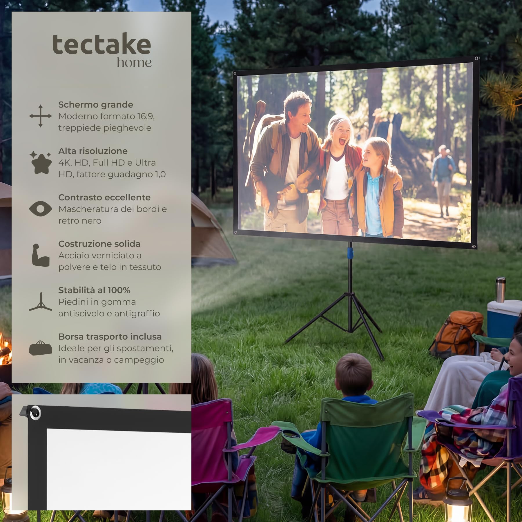 tectake® Telo Proiettore con Treppiede 16:9 4K HD, 133 x 75 cm, 60", Schermo Proiettore Regolabile, Borsa Trasporto, Schermo Portatile Cinema Home Theatre, telo per proiettore per casa ufficio scuola