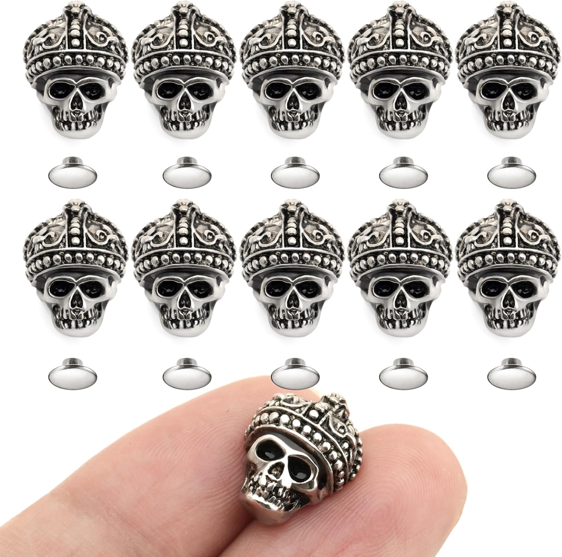 CRAFTMEmore Rivets Studs Crowned Skull Ghost Punk Buttons for Bracelet Bag Leathercraft Belt DIY 11 x 15 mm Pack of 10 HQR36 (Silver)