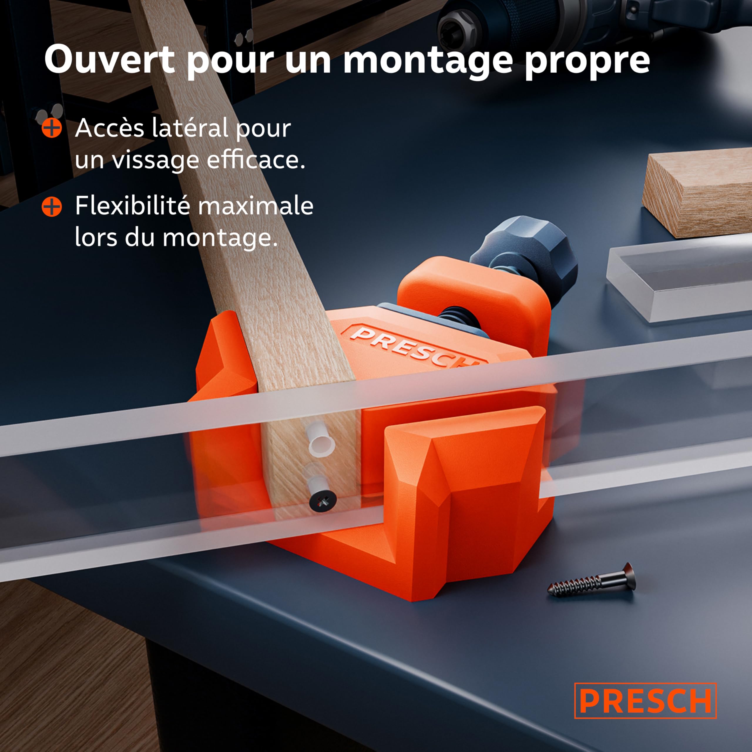 Presch Serre joint angle 4 pcs - Presse d'angle pour épaisseur de panneaux jusqu'à 26 mm - Force de serrage de 25 kg pour le collage - Pince à angle droit en plastique renforcé de fibres de verre