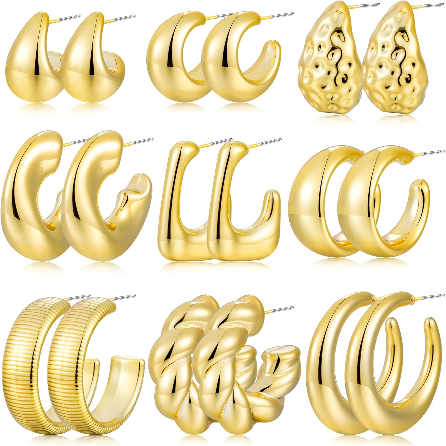 9 Pairs Gold Hoop Earrings for Women Trendy, Thick Twisted Gold Earrings Lightweight, Chunky Hoop Earring Set Jewelry for Gifts
