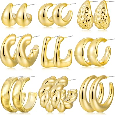 9 Pairs Gold Hoop Earrings for Women Trendy, Thick Twisted Gold Earrings Lightweight, Chunky Hoop Earring Set Jewelry for Gifts