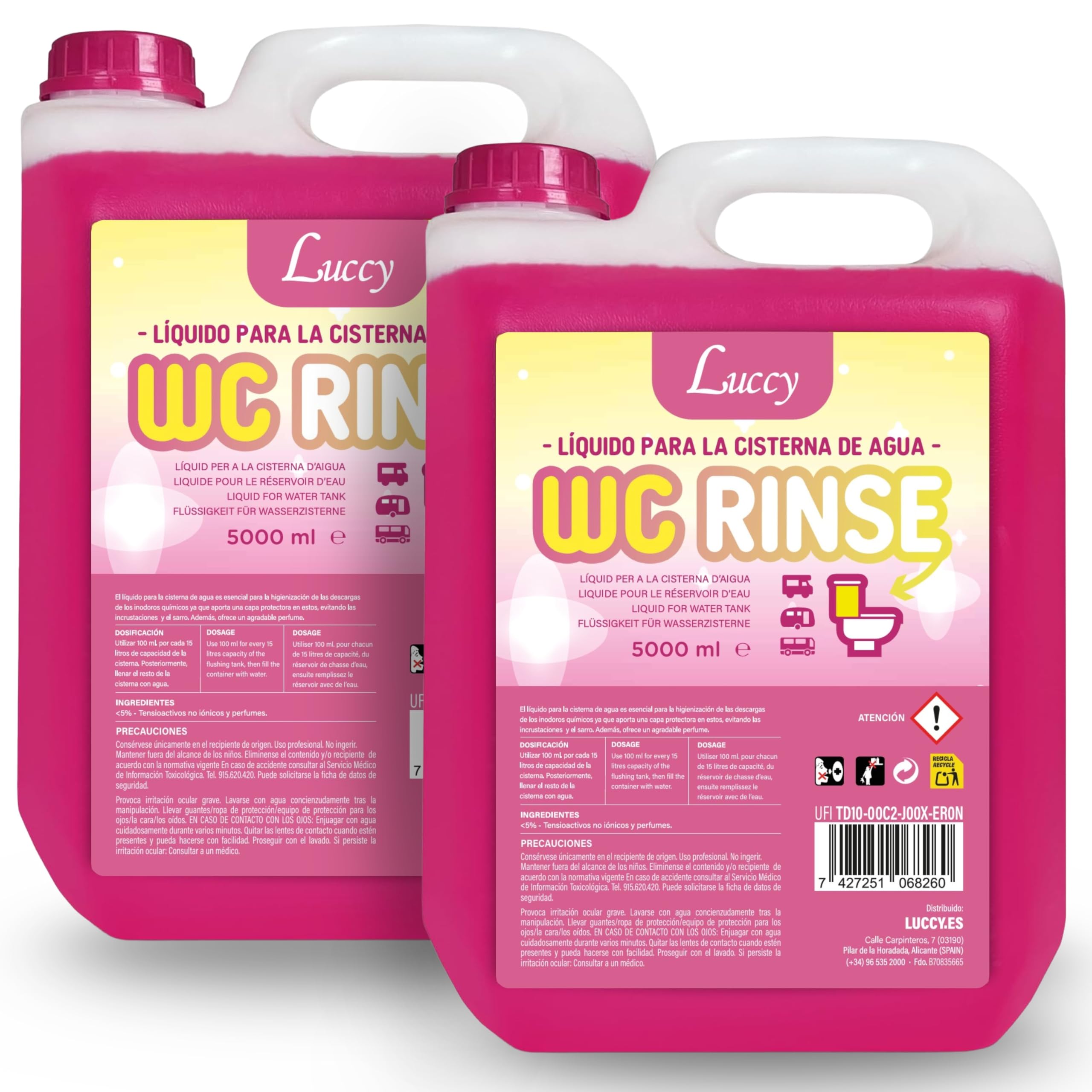 LUCCY WC Rinse 10 Litres | Liquide pour Réservoir d’Eau Propre de WC Chimique | Additif pour Toilettes Camping-Car, Van et Caravane | Nettoyage de la Cuvette et Parfum Agréable