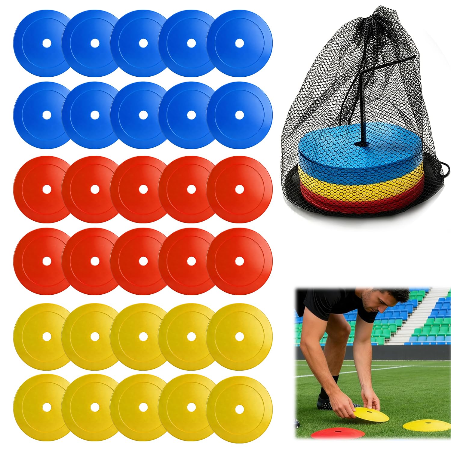Set da 30 Cinesini con Supporto e Rete I Piatto Coni Allenamento per Uso Interno Esterno e Marcatura Campo I Cinesini per Allenamento Calcio per Allenamento Agilità Calcio