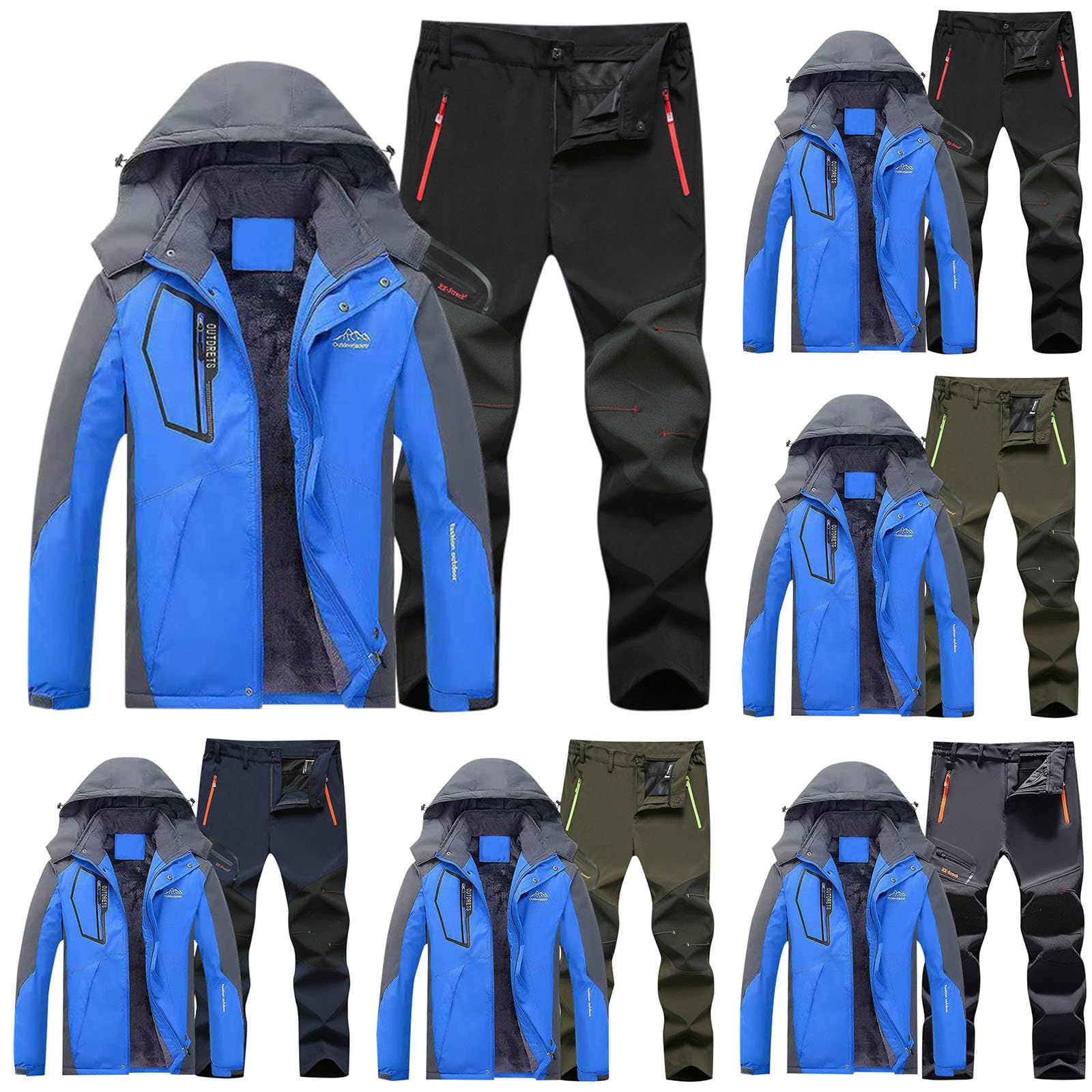 Generico Tuta da sci da uomo set da 2 pezzi tuta da neve per attività all'aria aperta antivento con cappuccio traspirante pantaloni da neve e giacca in softshell snowboard