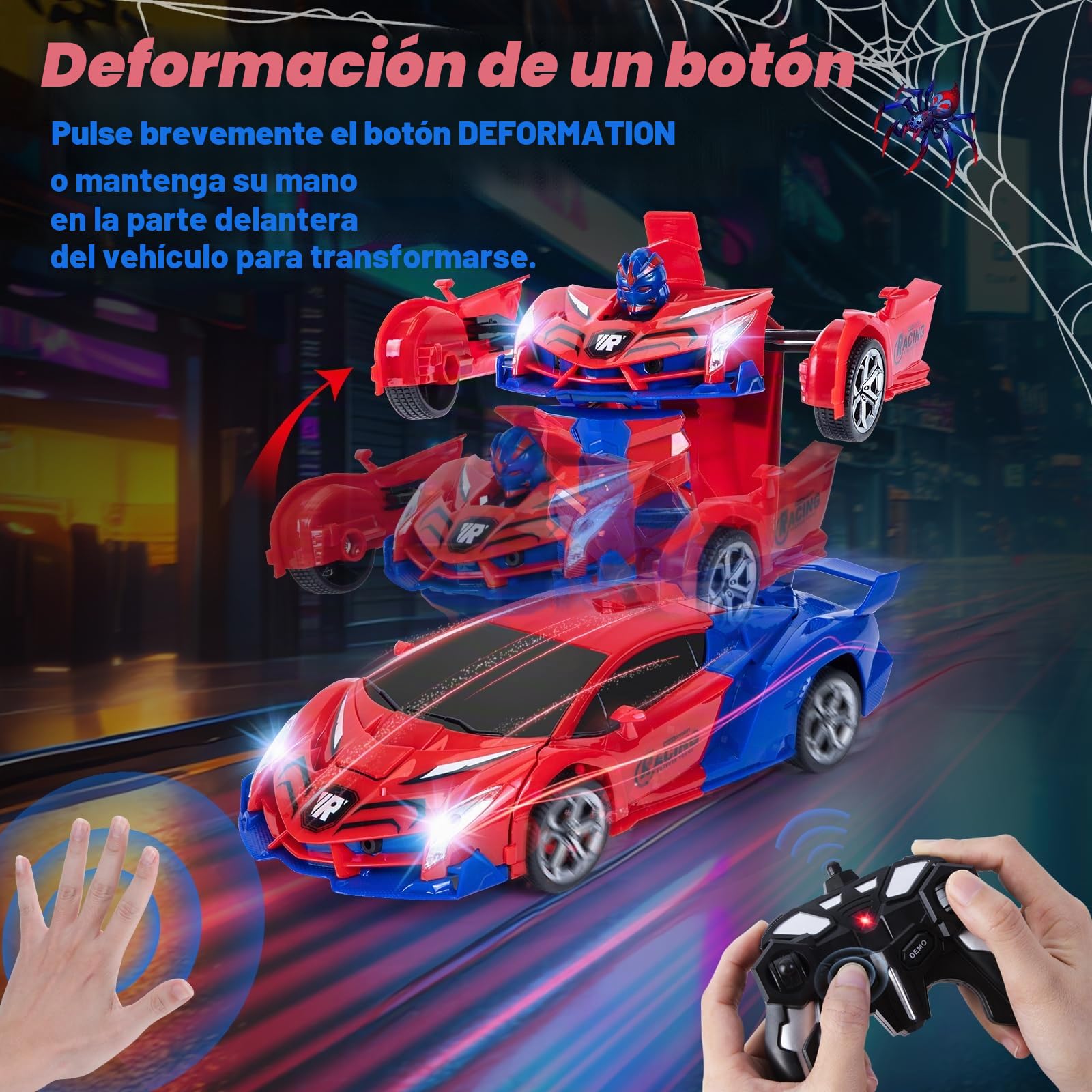 Spider Coche RC Transformator Robot, 2.4GHz Sensor Gestual, 1:18 con Sonido y Luz, Juegos para Niños y Niñas de 3 a 12 Años