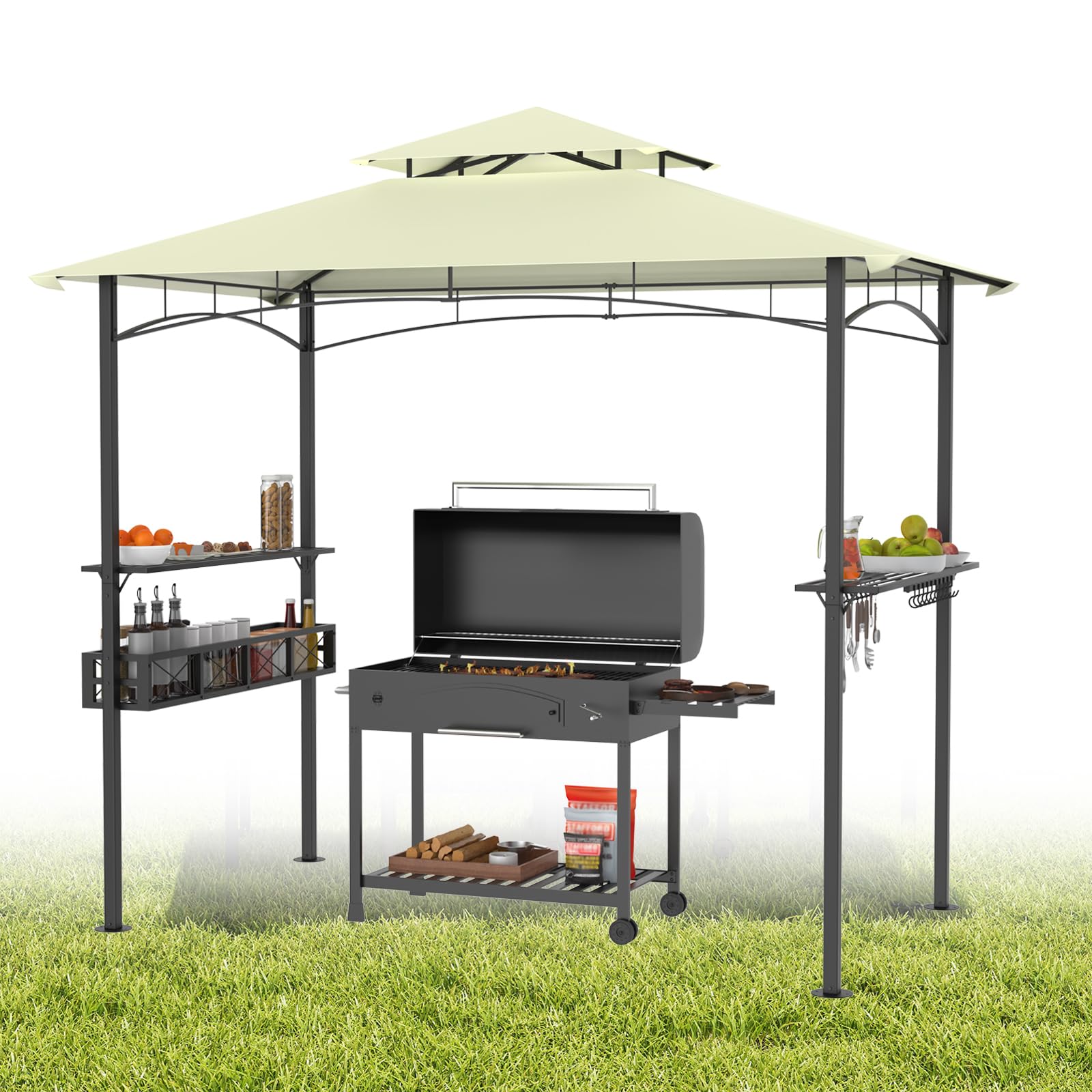 Gazebo da giardino con tetto a doppio strato, 245 x 153 x 250 cm, impermeabile, ignifugo, con base di spazio, tenda da giardino per feste, barbecue, beige