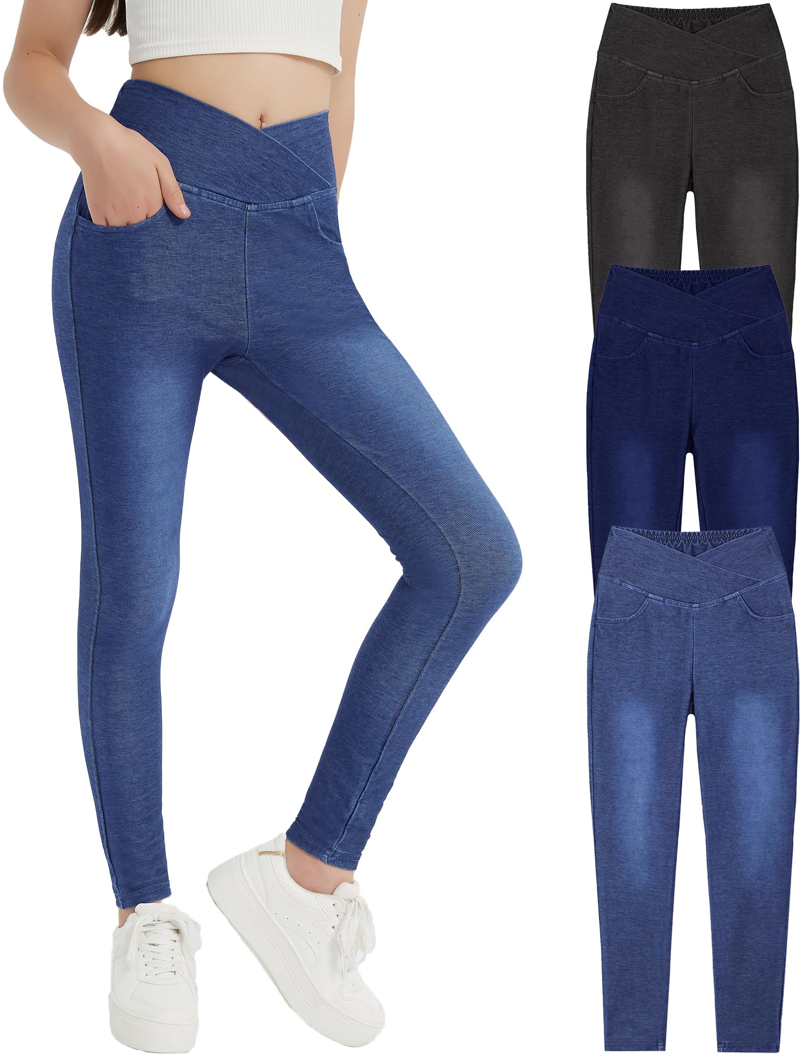 EXARUS Mädchen-Jeggings, 3er-Pack, Skinny/Flare, Crossover-Stretch-Jeans, hohe Taille, lässige Schulhose, Teenager, 8–14 Jahre