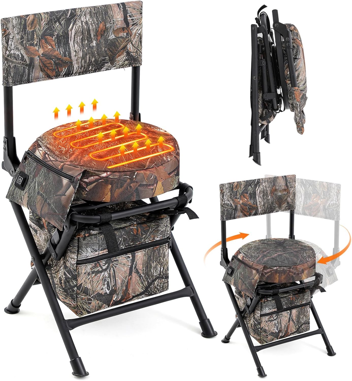 Heated Hunting Chair with 360° Silent Swivel, Foldable Camo Hunting Blind Chair with 3 Heat Levels Padded Cushion Seat for Deer Ground Camping Duck Dove Fishing, Power Bank Not Included