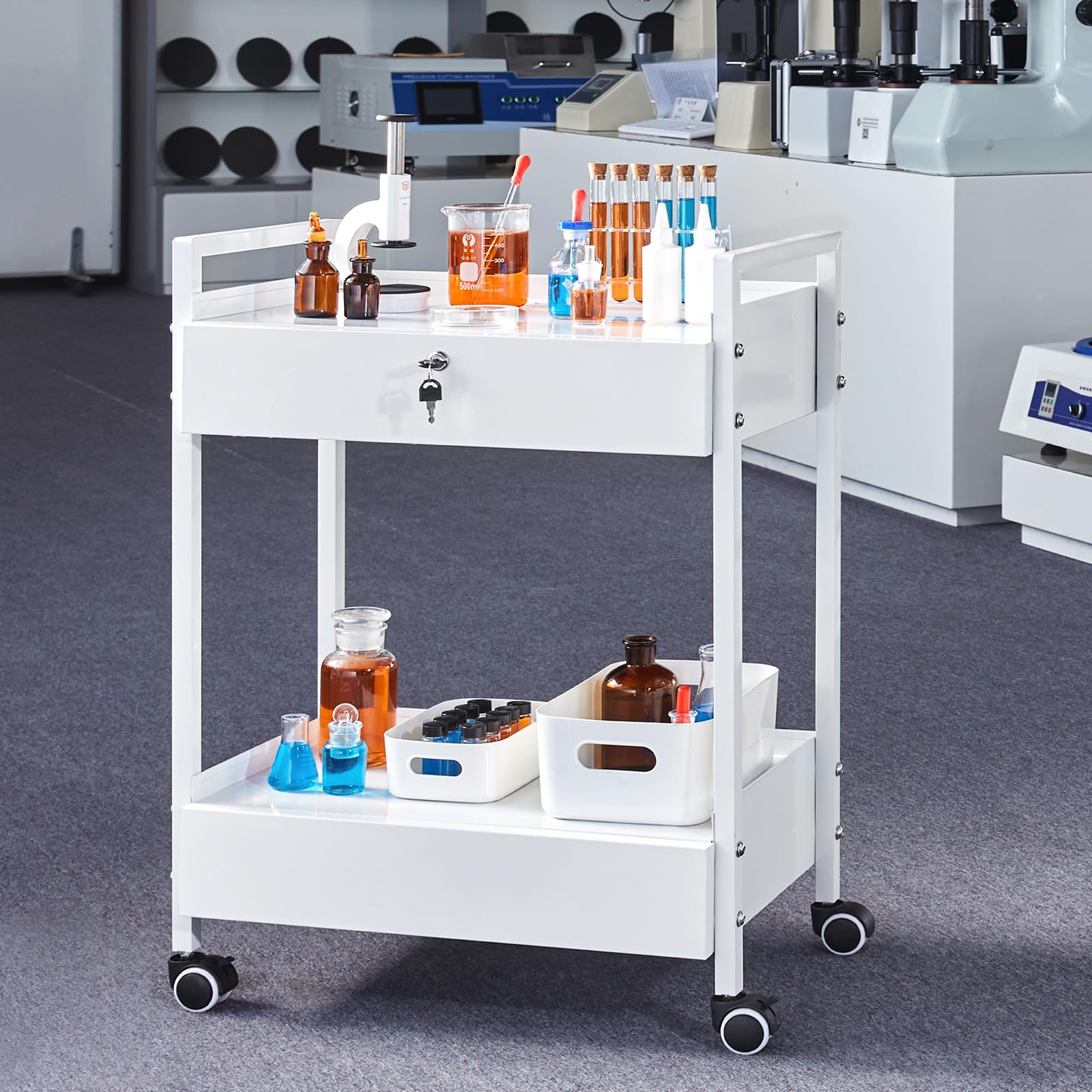 VEVOR Carrello da laboratorio in acciaio inox a 2 livelli con 2 cassetti e rotelle girevoli
