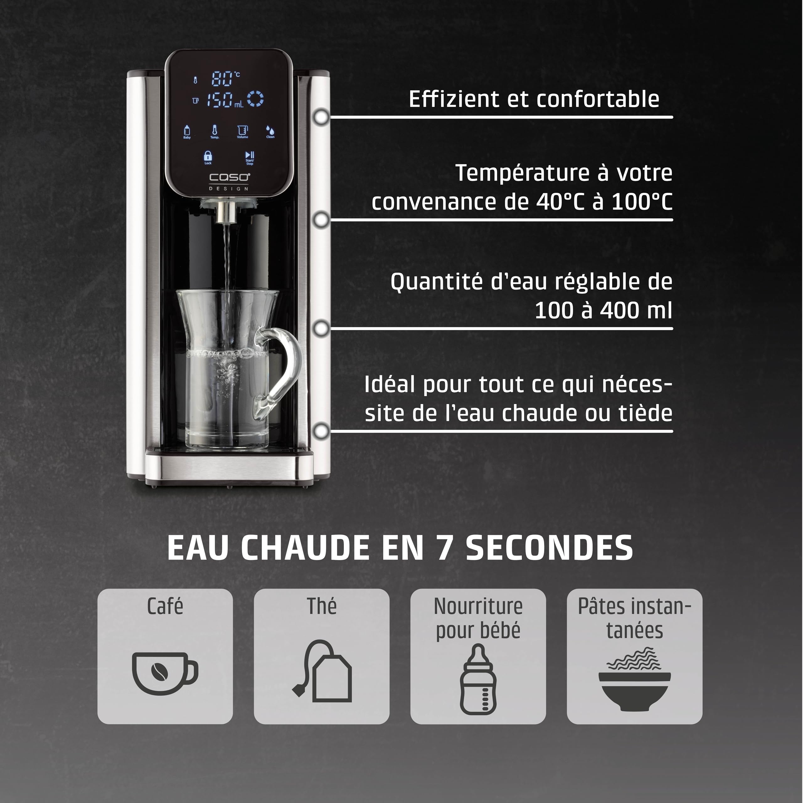 CASO HW 660 Distributeur d'eau chaude - de l'eau chaude en quelques secondes, économise jusqu'à 50% d'énergie, convient pour les aliments pour bébés, rappel de détartrage intégré