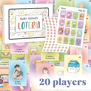 WOODAMORE Baby Shower Games - Baby Shower Loteria for Girls and Boys, Bilingual Activities for Kids Ideas, Funny Party Bingo Game Loteria Cards in Spanish and English for 20 Players