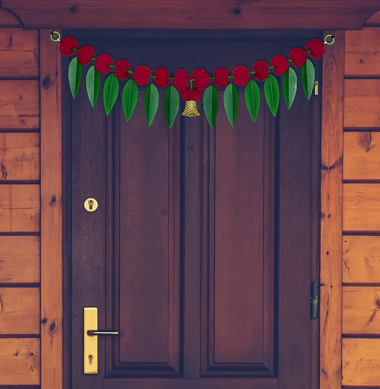 iHandikart Artificial Marigold Flowers with Mango Leaf Door with Bell at The Bottom Hanging Bandanwar/Bandhanwar, Size 38x8 Inch, Colour Red Pack of 2 (31387-2)