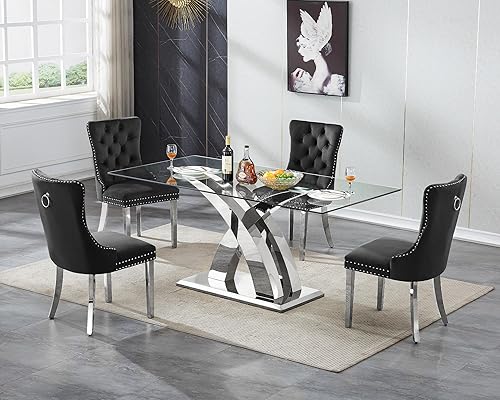 Miniatura 38 de Juego de mesa de comedor de mármol sintético blanco plateado de 70 pulgadas para 4, juego de mesa rectangular moderna de 5 piezas con patas de acero